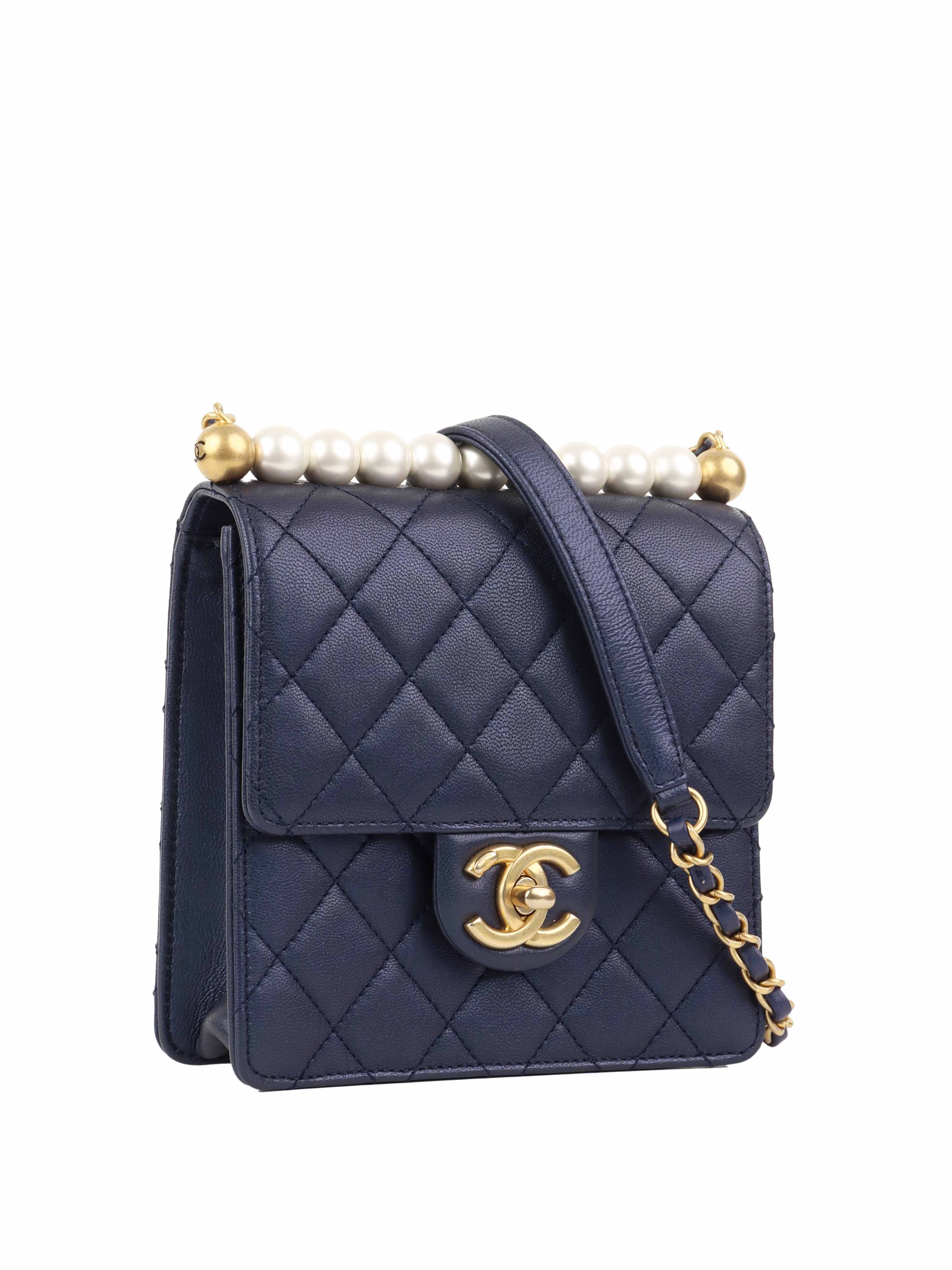 CHNL -  Navy Iridescent Flap Bag with Pearls.