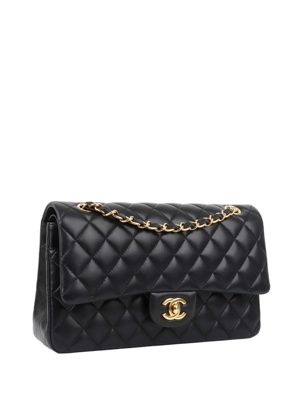 CHNL -  Black Lambskin Medium Classic Flap Bag GHW.