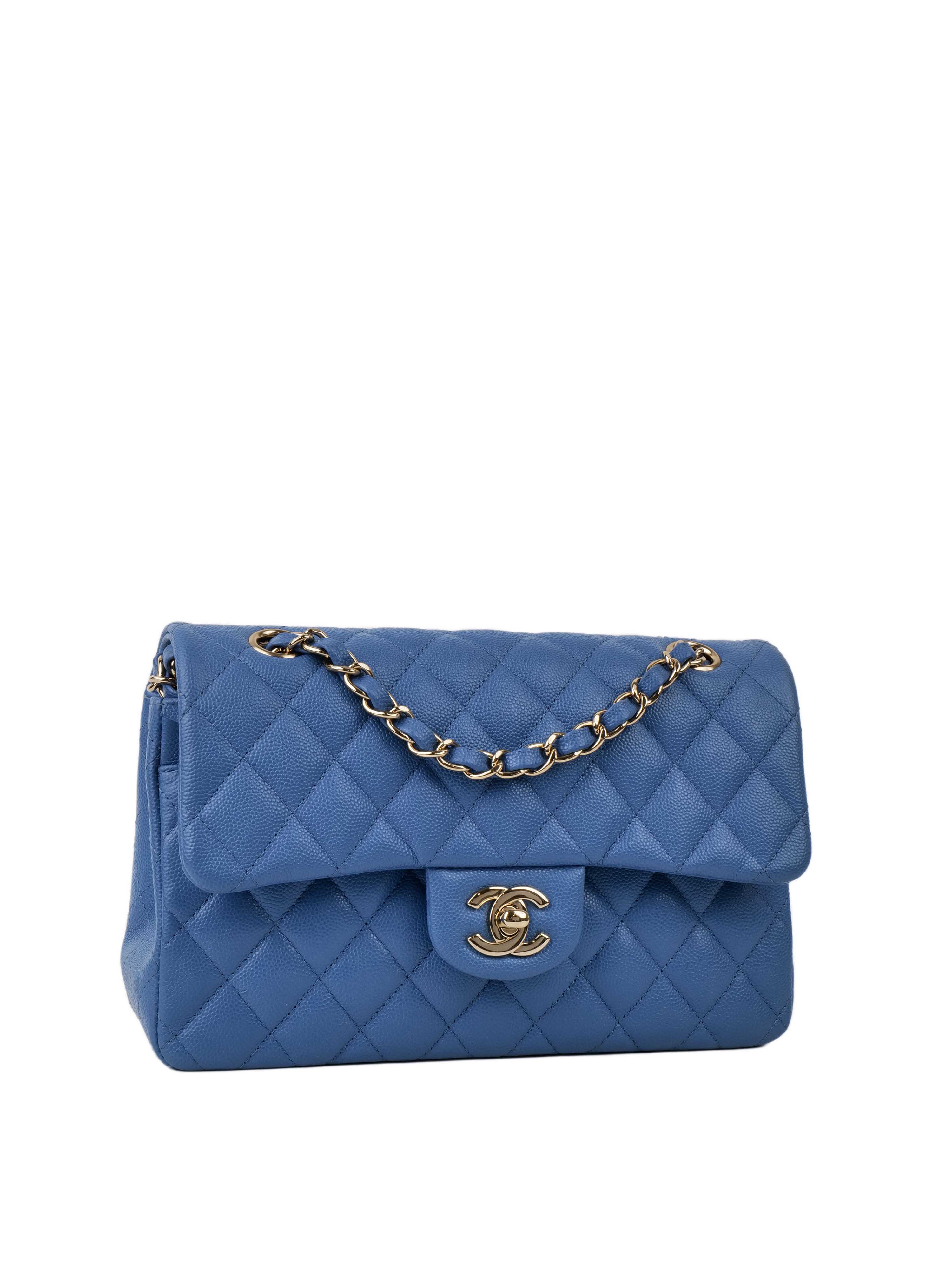 CHNL -  Blue Small Rectangular Caviar Classic Flap LGHW.