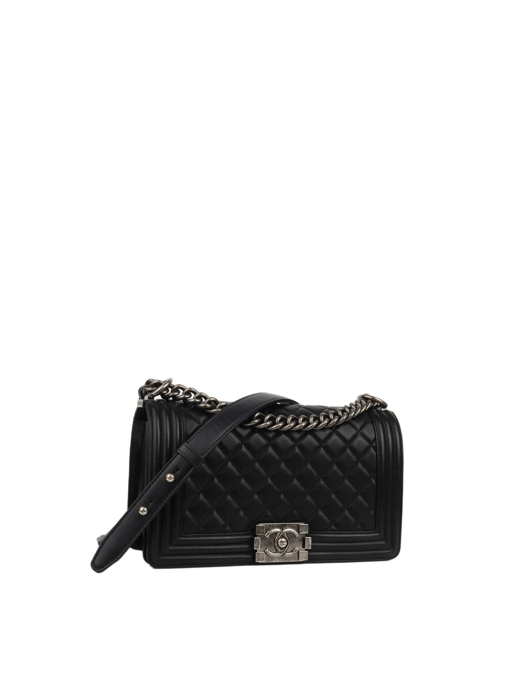 CHNL -  Black Lambskin Medium Boy Bag Ruthenium Finish Metal Hardware.