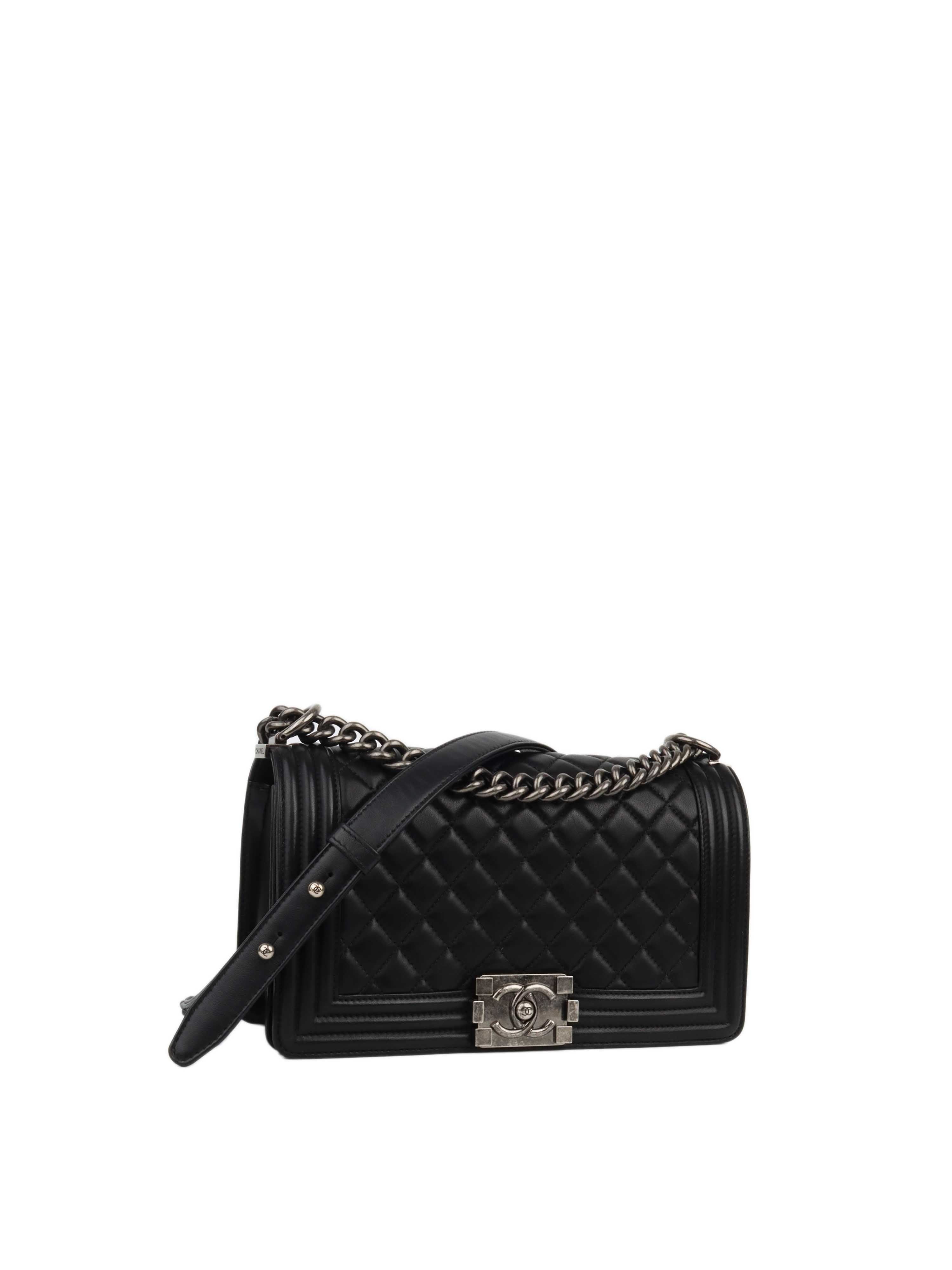 CHNL -  Black Lambskin Medium Boy Bag Ruthenium Finish Metal Hardware.