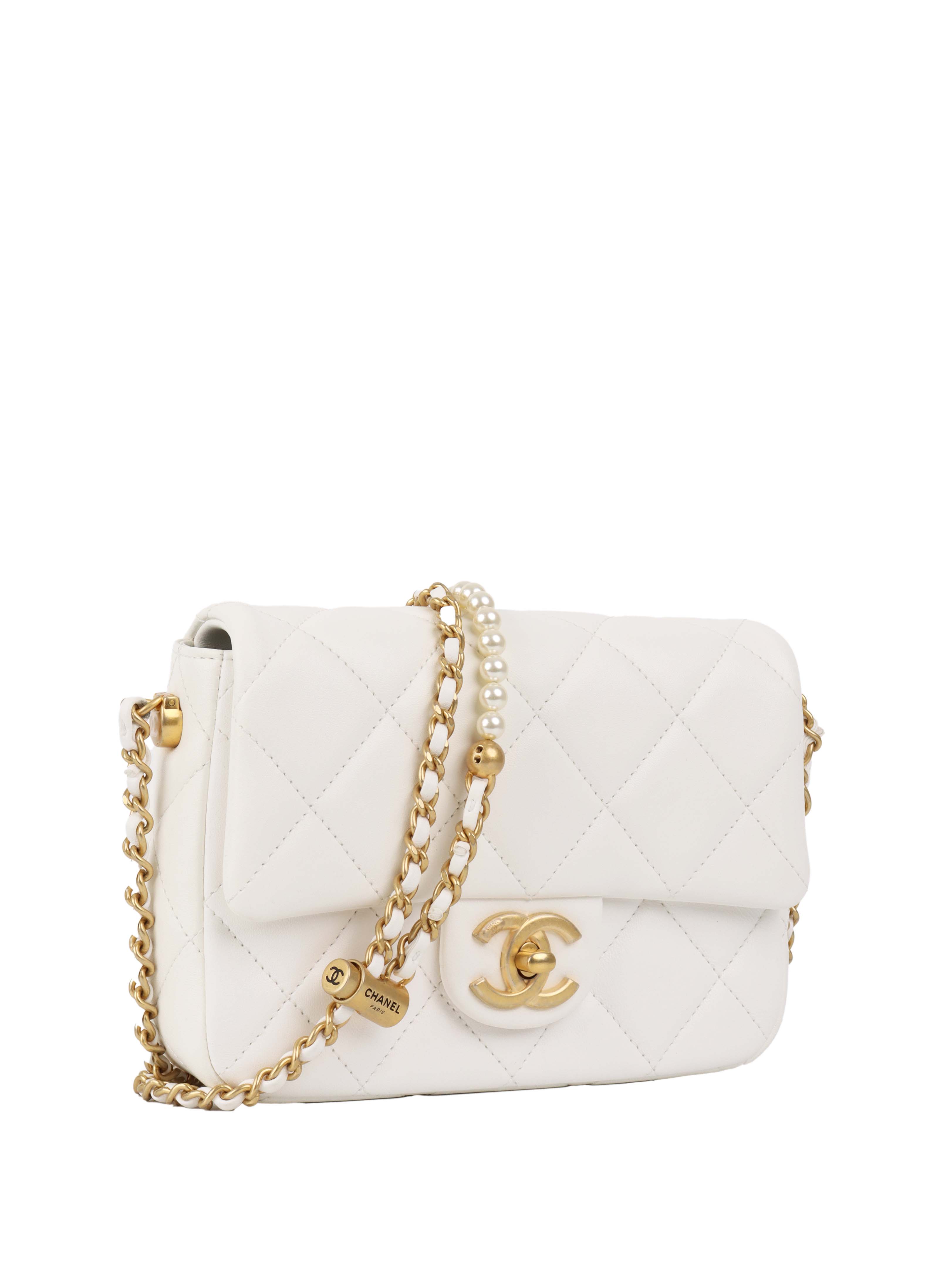 CHNL -  White and Pearl Chain Flap Bag.
