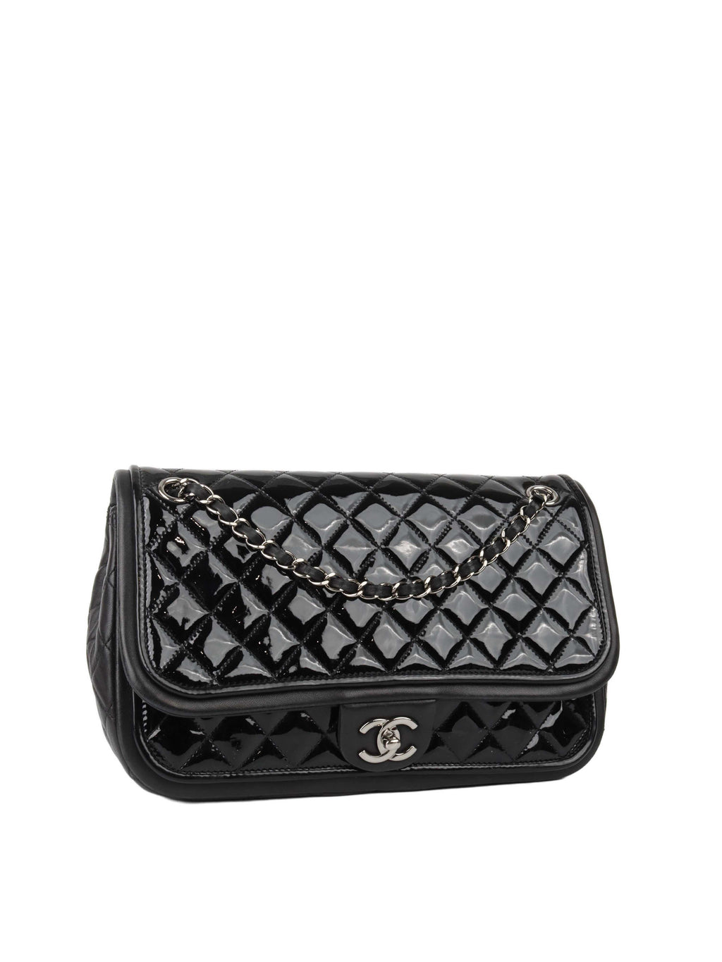 CHNL -  Black Patent Quilted Flap Bag SHW.