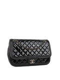 CHNL -  Black Patent Quilted Flap Bag SHW.