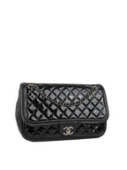 CHNL -  Black Patent Quilted Flap Bag SHW.