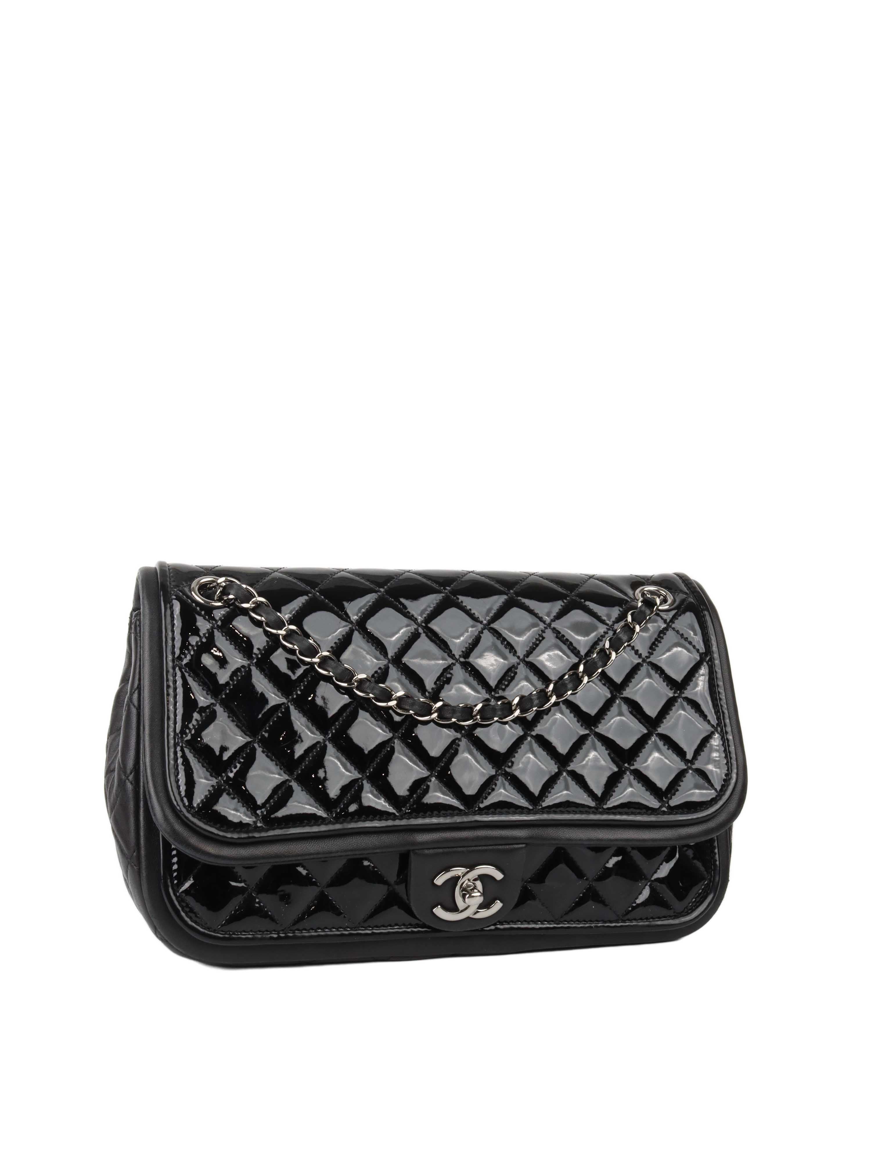 CHNL -  Black Patent Quilted Flap Bag SHW.