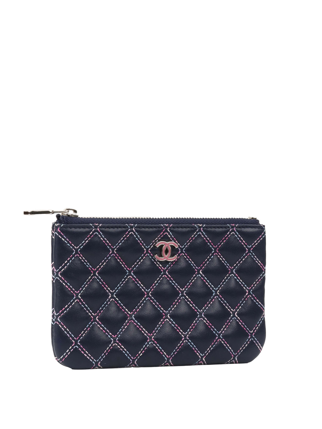 CHNL -  Navy Lambskin Zip Pouch.