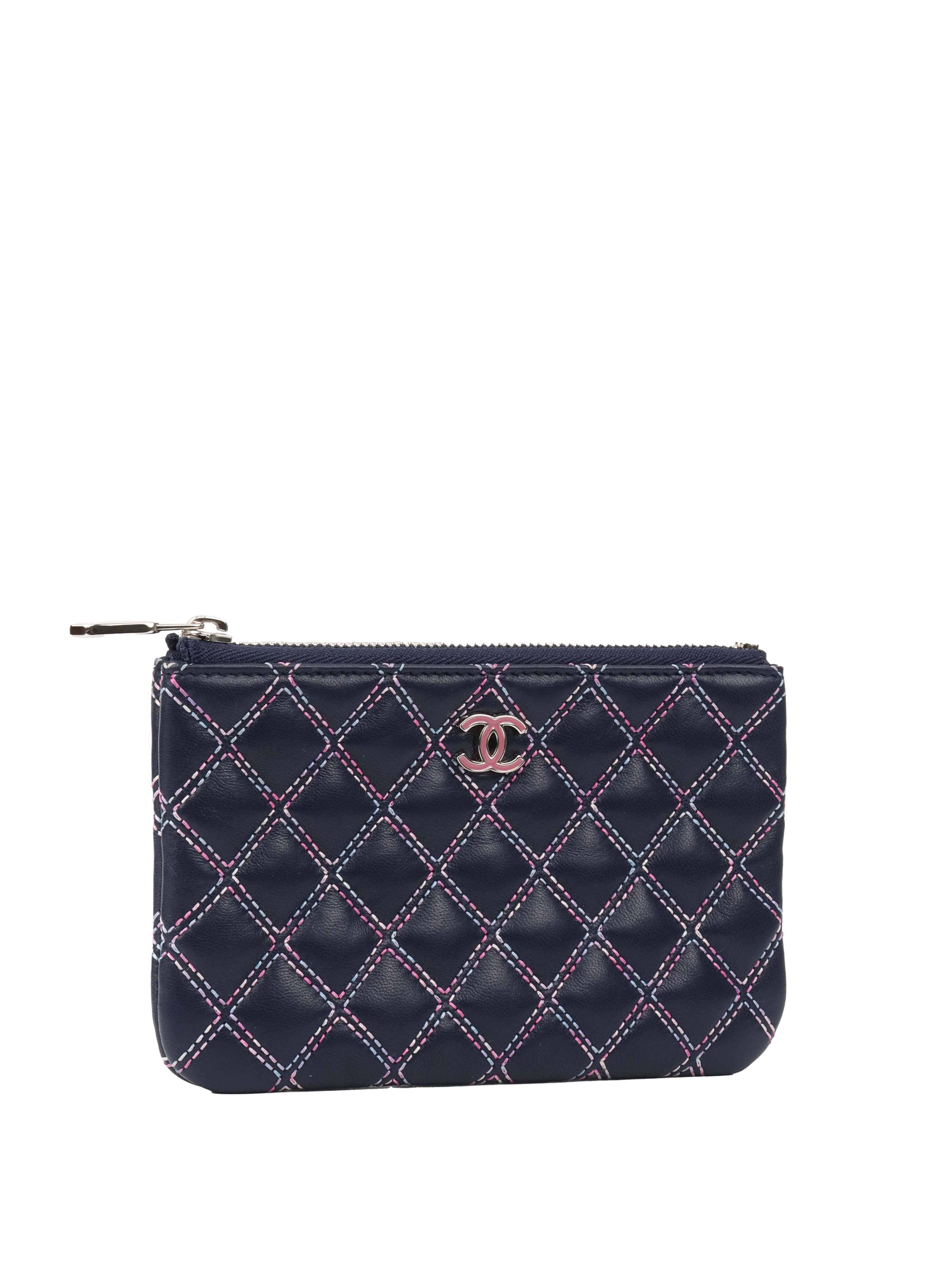 CHNL -  Navy Lambskin Zip Pouch.