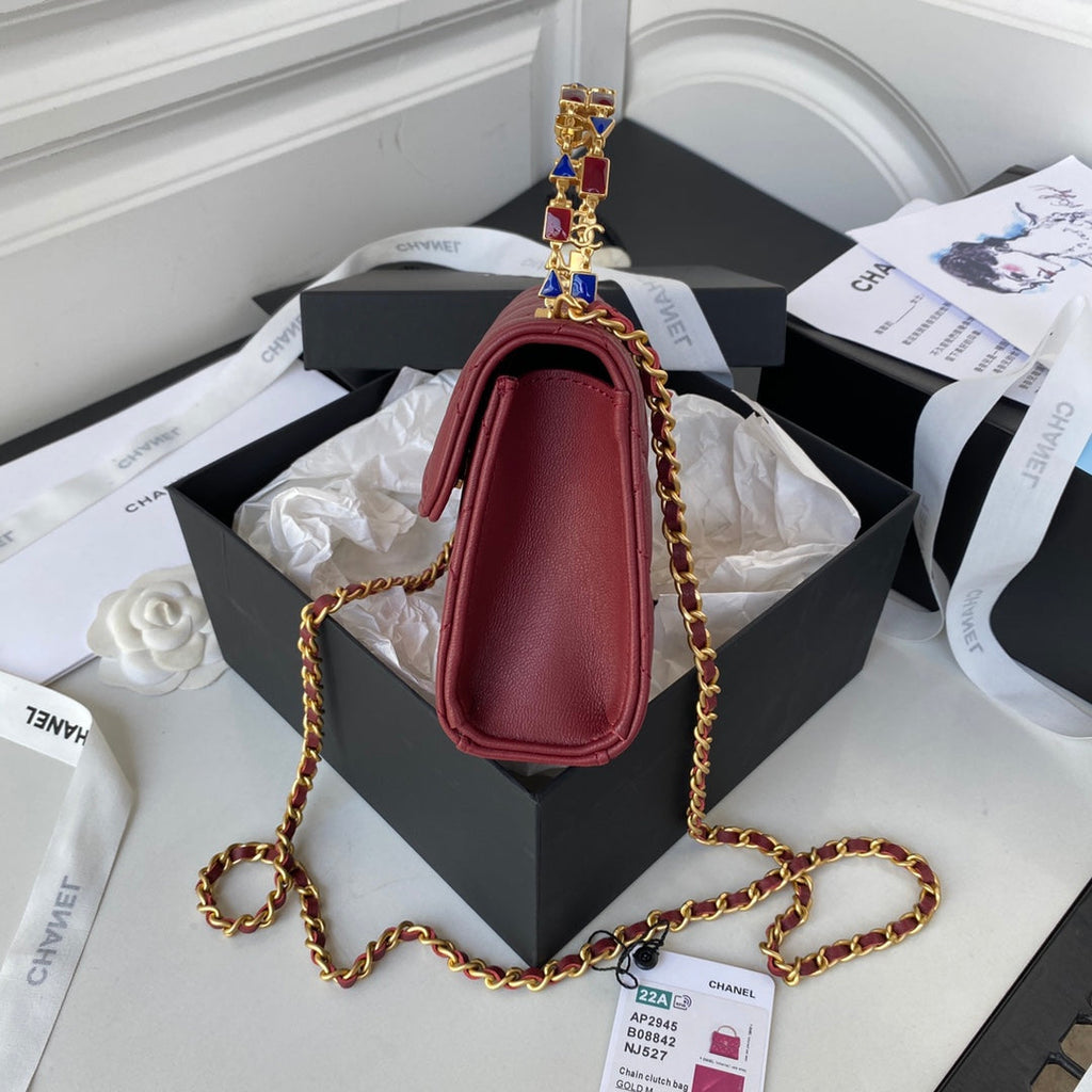 CHL -  Clutch With Chain Gold Hardware Red For Women Handbags, Shoulder Bags 5.7in/14.5LO