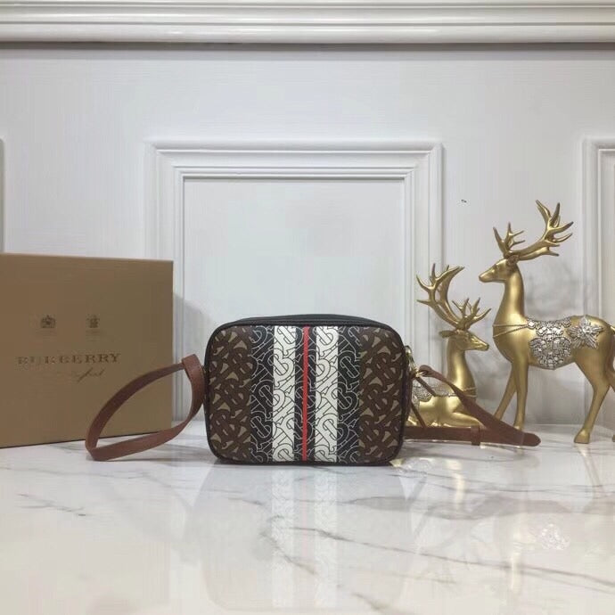 B-Berry - BB  Monogram Stripe E-Canvas Camera Bag Bridle Brown For Women, Bags 19.5LO/7.7LO