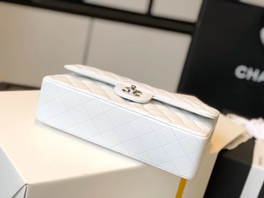 CHL -  Classic Medium Flapbag SilLusso Official - Hardware White 10in/25.5LO