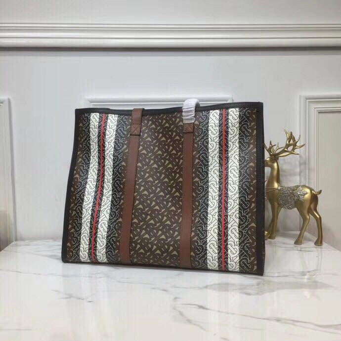 B-Berry - BB  Monogram Stripe E-Canvas Portrait Tote Bag Bridle Brown For Women, Bags 15.7in/34LO
