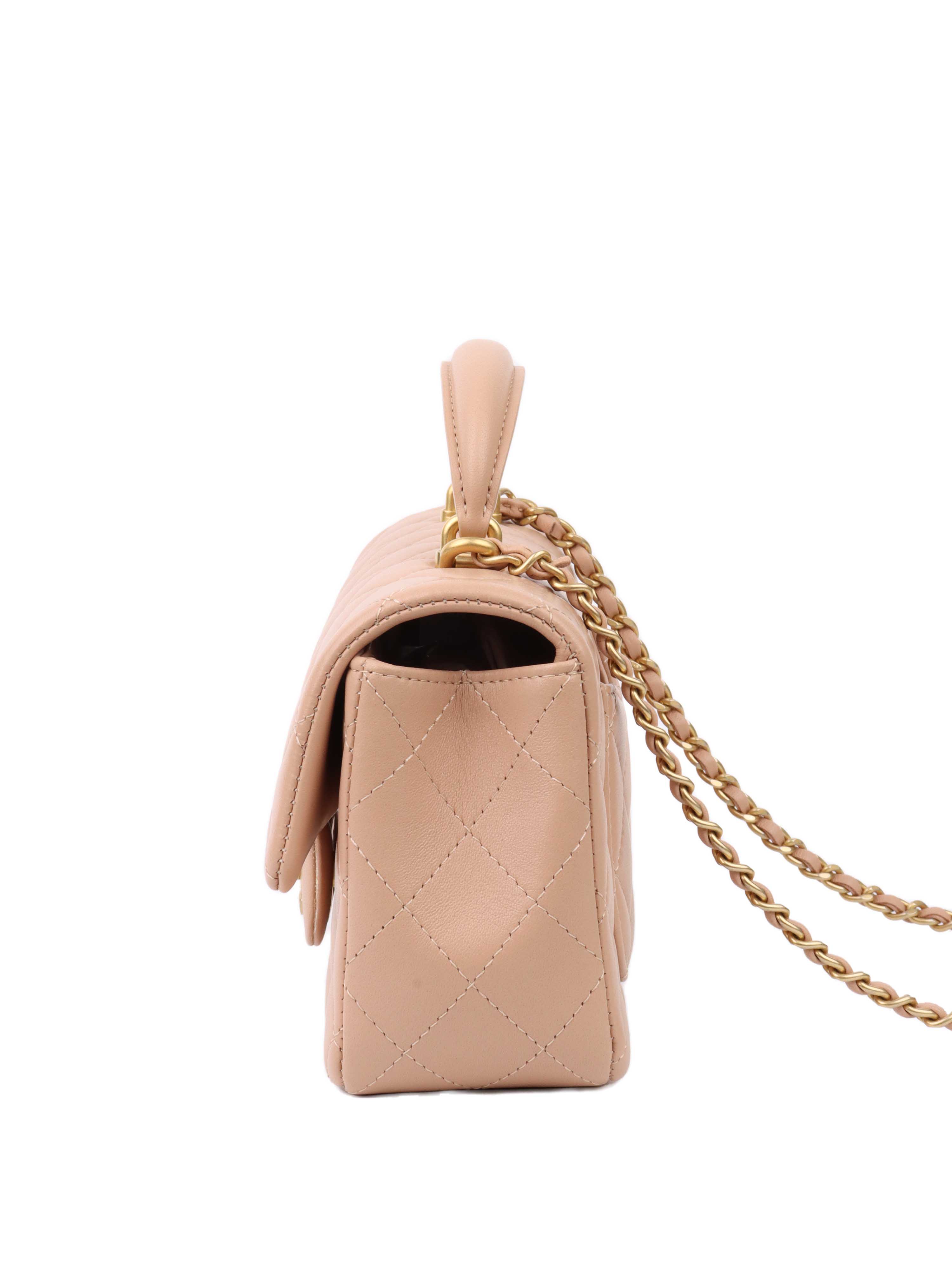 CHNL -  Beige Mini Rectangular Classic Flap with Top Handle.