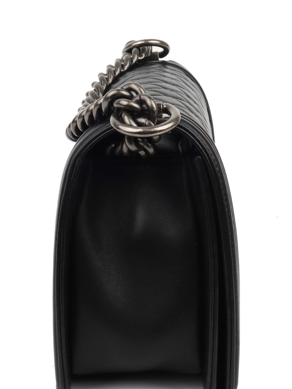 CHNL -  Black Lambskin Medium Boy Bag Ruthenium Finish Metal Hardware.