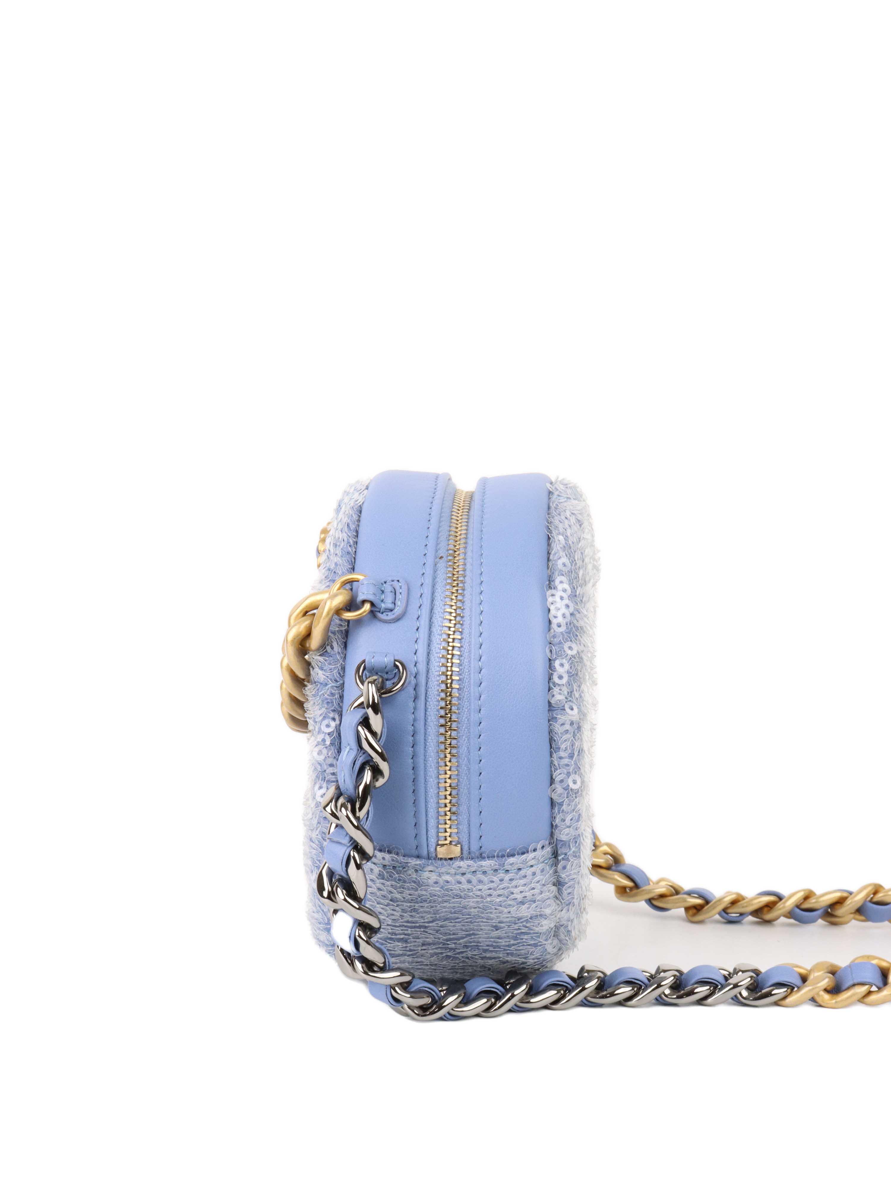CHNL -  19 Round Blue Sequinned Clutch with Chain.