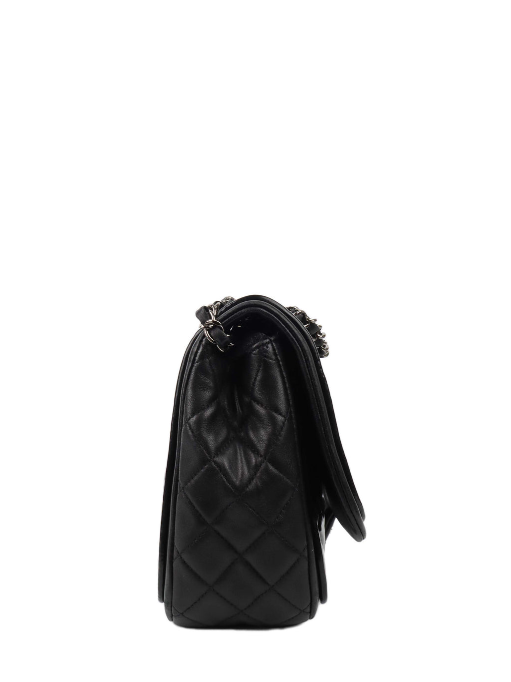 CHNL -  Black Patent Quilted Flap Bag SHW.