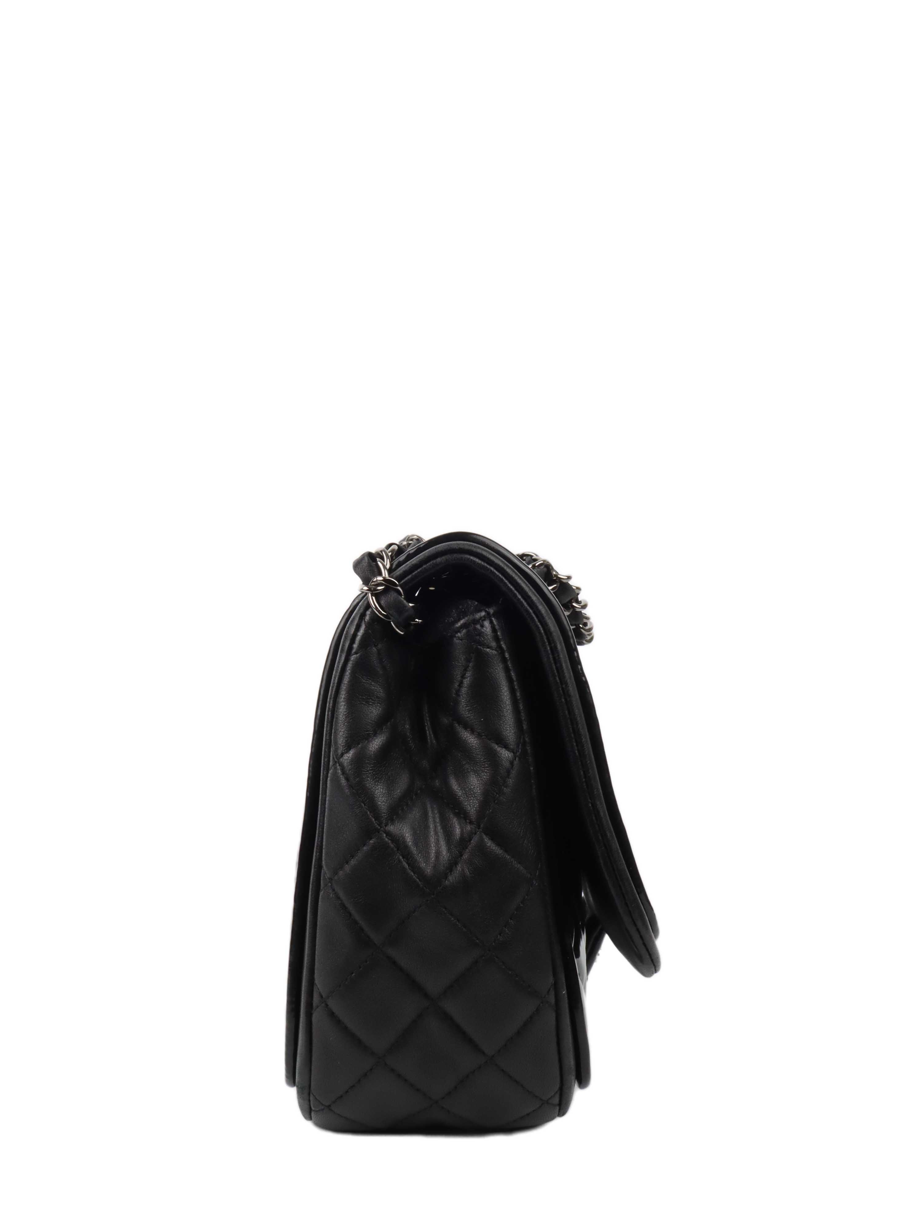 CHNL -  Black Patent Quilted Flap Bag SHW.