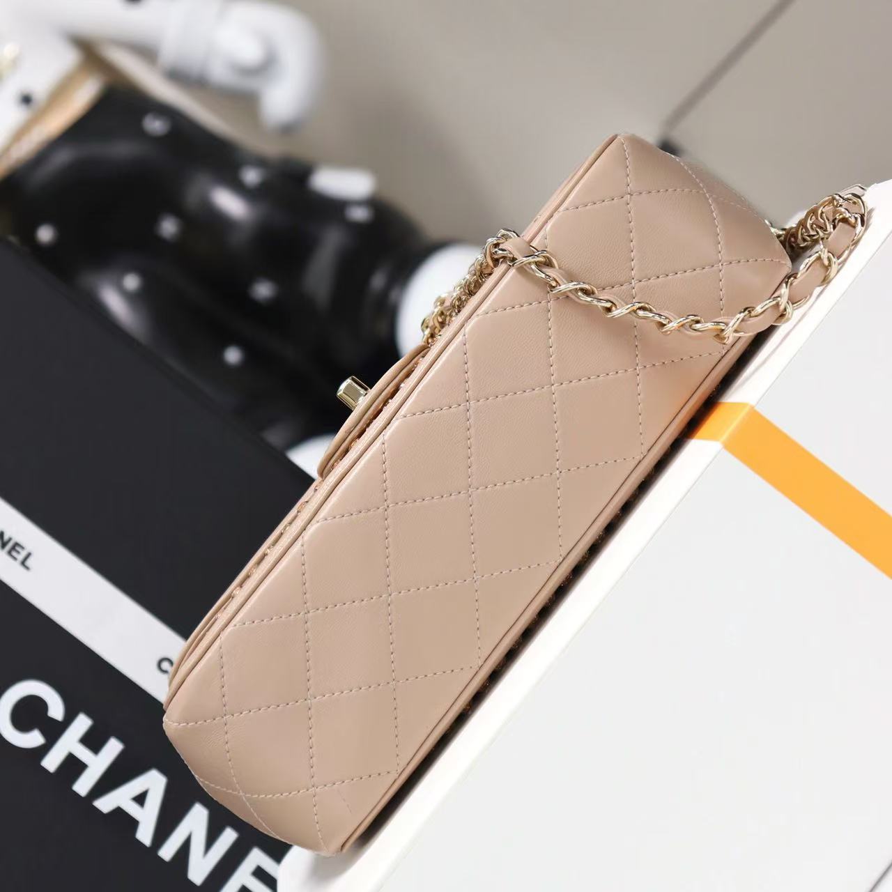 CC Crystal Flap Bag With Pouch Beige Lambskin