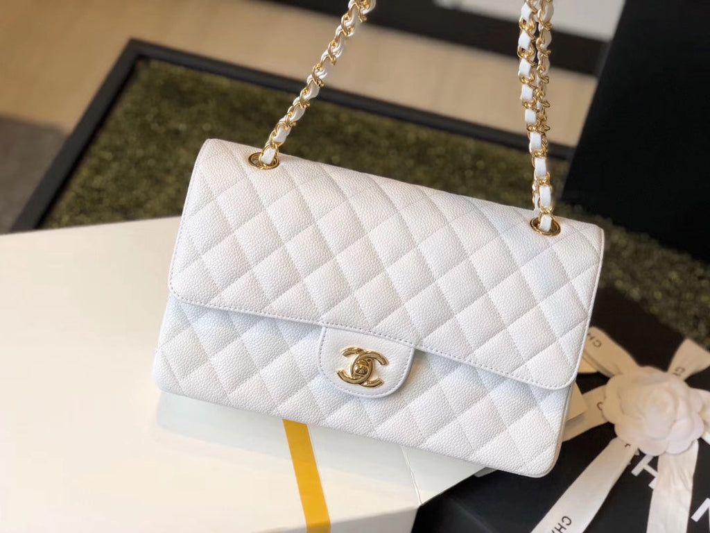 CHL -  Classic Medium Flapbag Golden Hardware White 10in/25.5LO