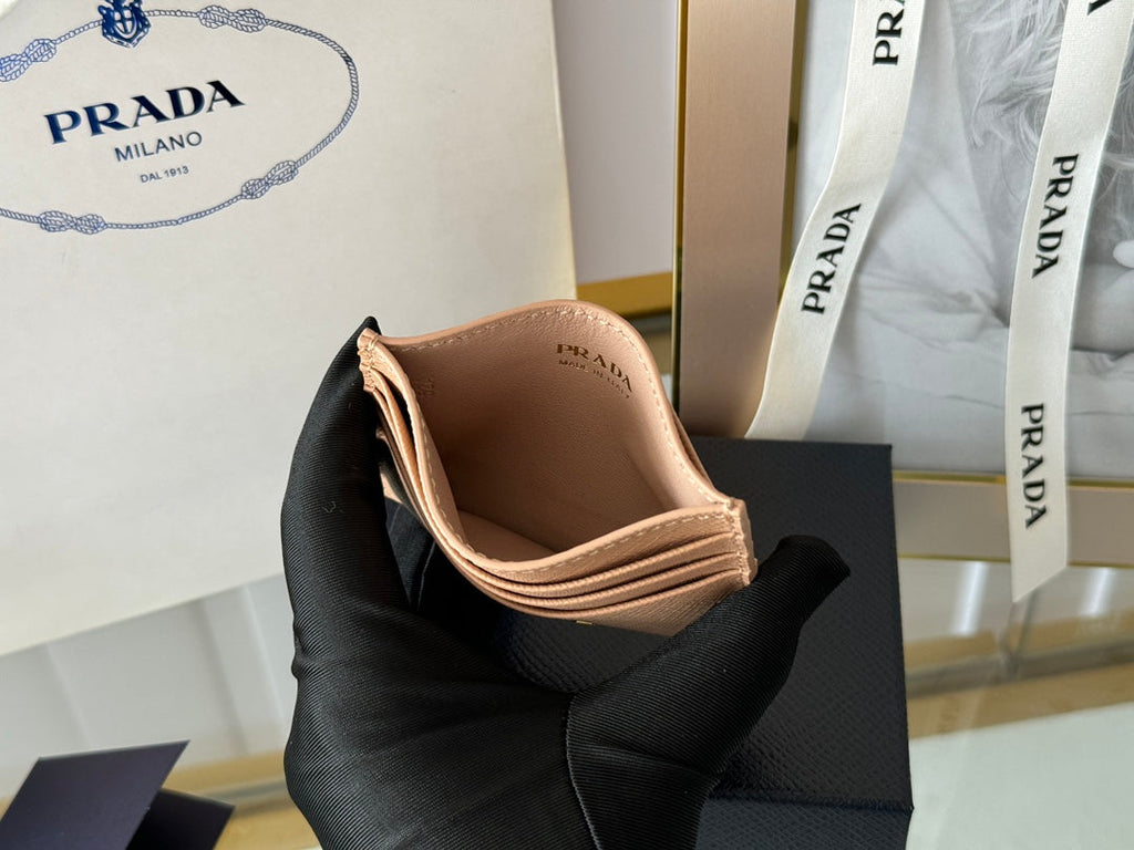 Pra Gold Logo-Stamp Card Holder Beige Saffiano Leather