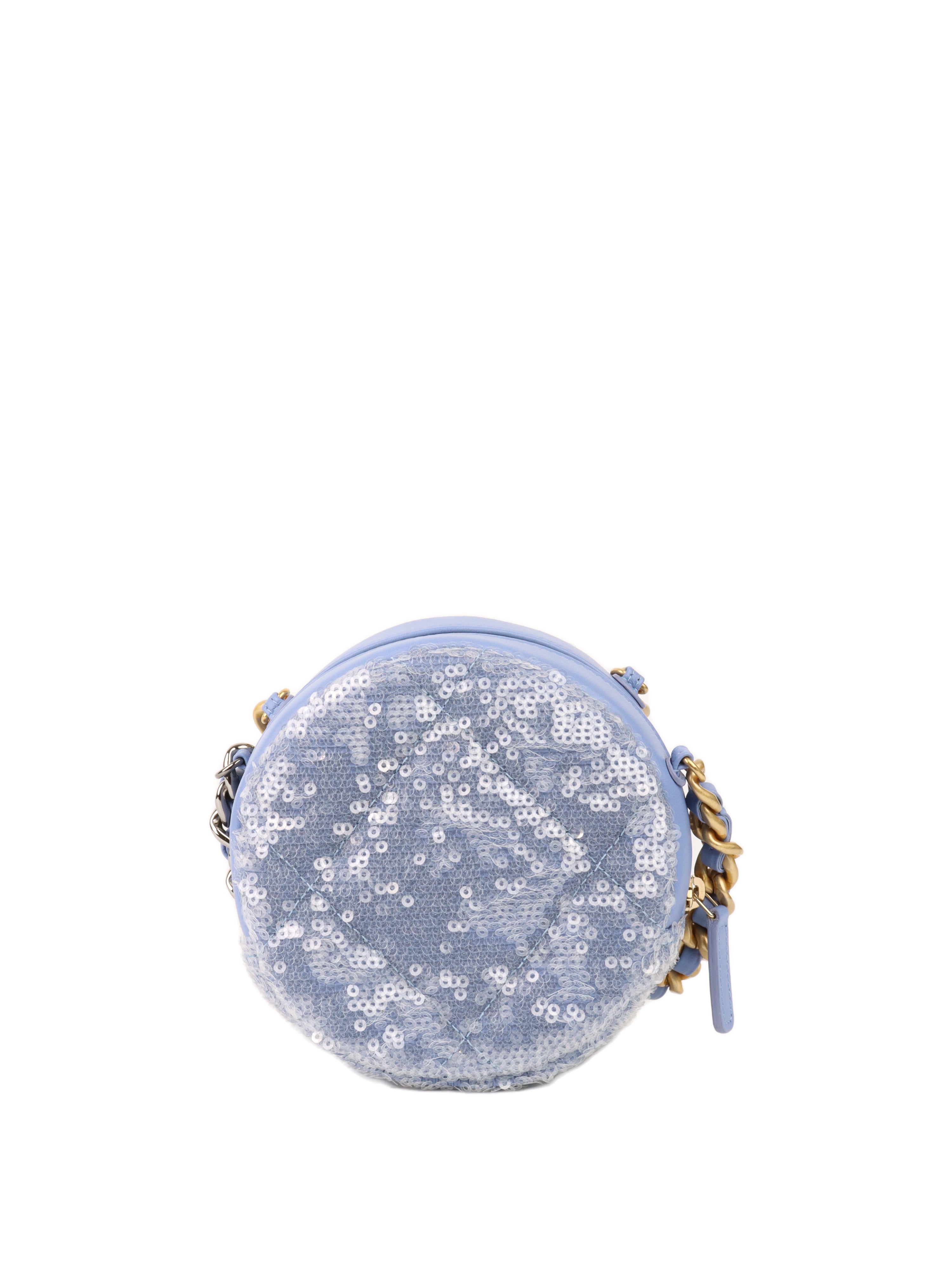 CHNL -  19 Round Blue Sequinned Clutch with Chain.