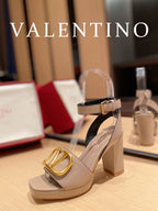VAL -  Garavani Strap Heeled Sandals With V Logo Signature Embellishment Beige For Women