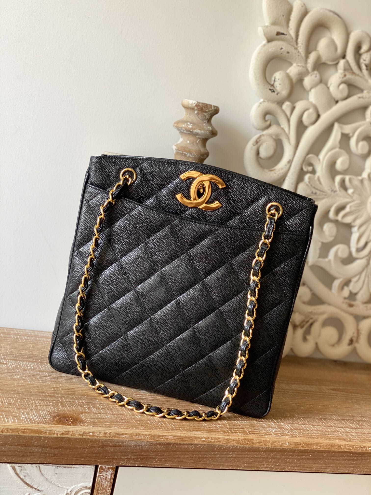 CHL -  Black Large Quilted Caviar Tote Bag For Women 28LO/11in