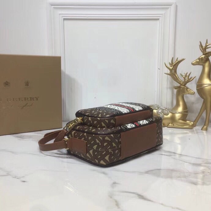 B-Berry - BB  Monogram Stripe E-Canvas Camera Bag Bridle Brown For Women, Bags 19.5LO/7.7LO