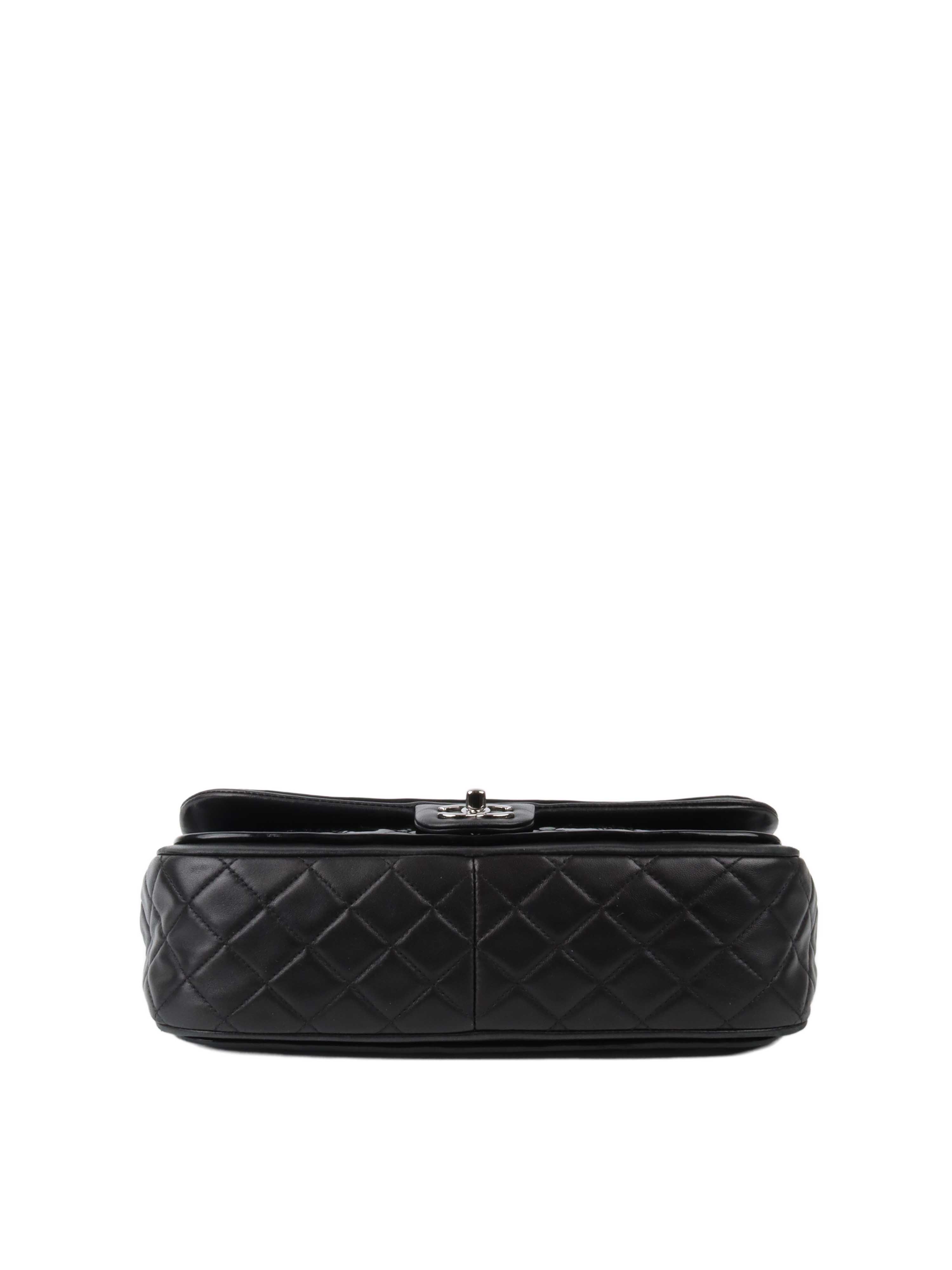 CHNL -  Black Patent Quilted Flap Bag SHW.