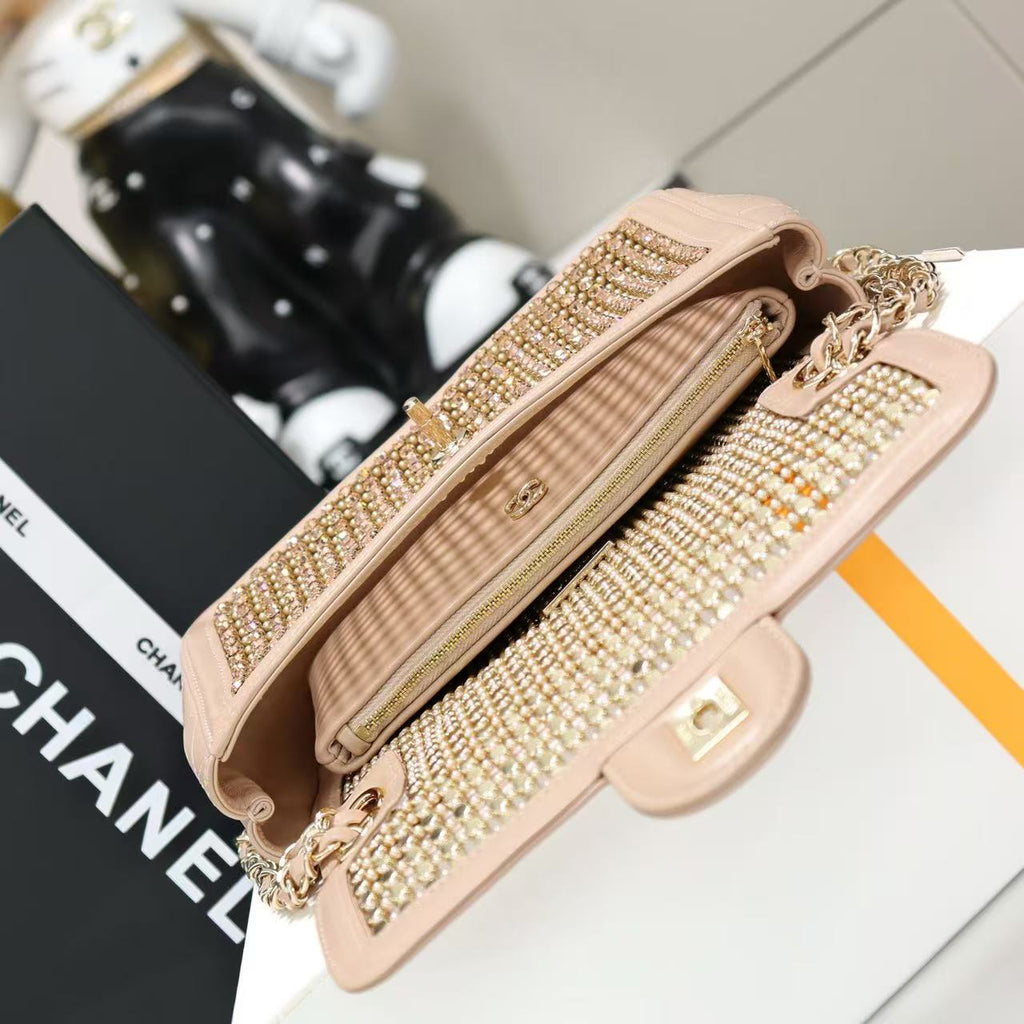 CC Crystal Flap Bag With Pouch Beige Lambskin
