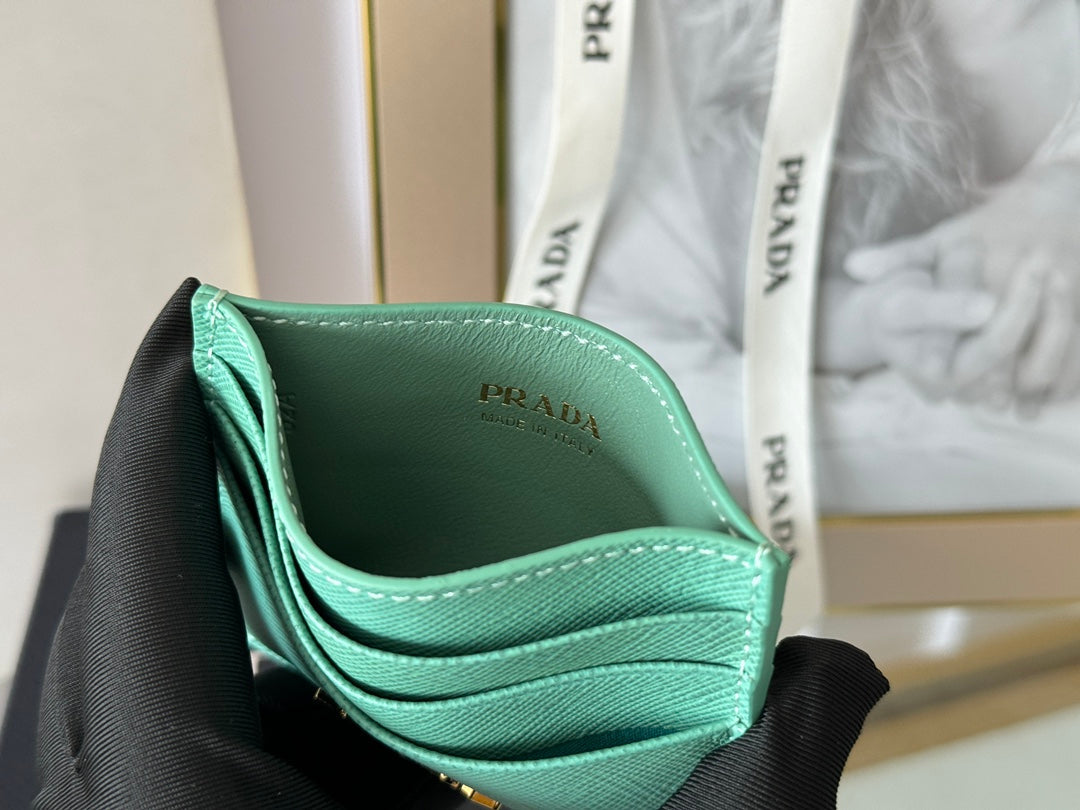 Pra Gold Logo-Stamp Card Holder Mint Saffiano Leather