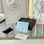 Pra Gold Logo-Stamp Card Holder Light Blue Saffiano Leather