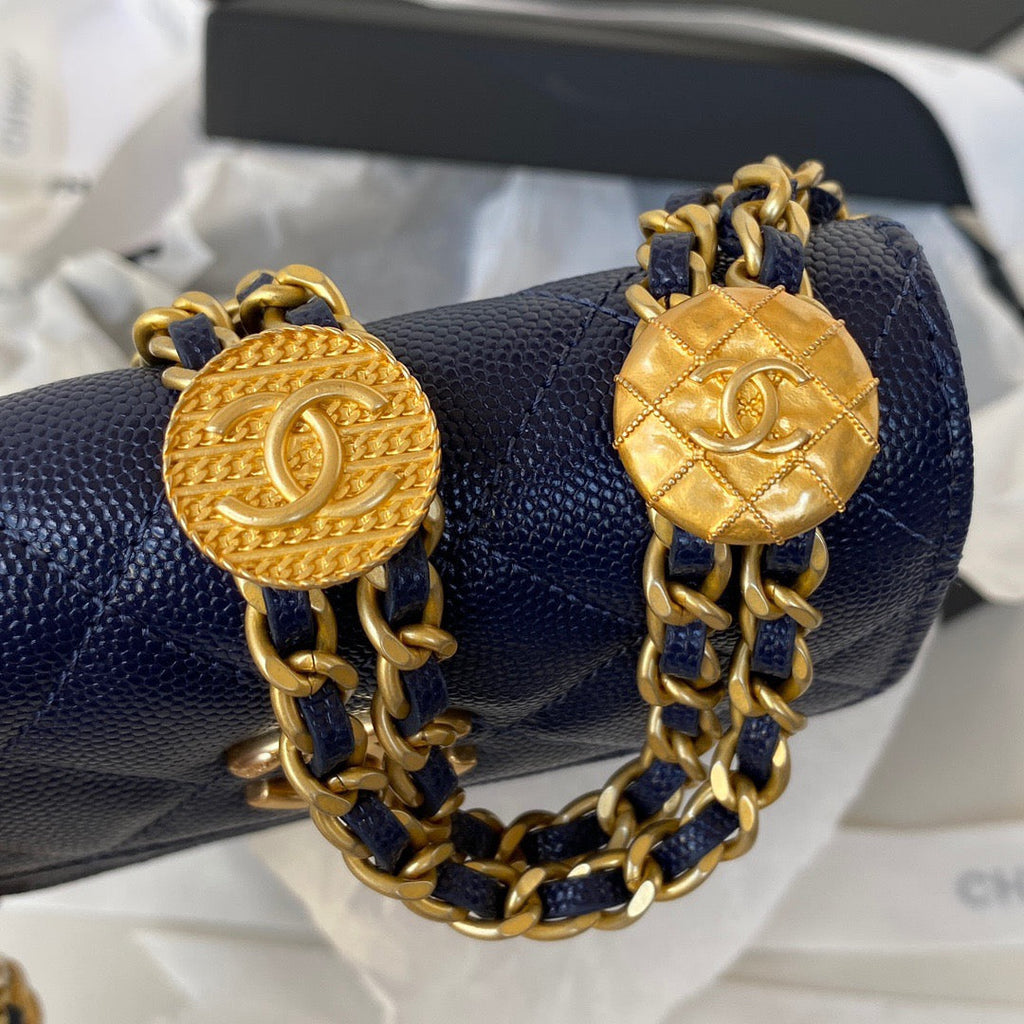 CHL -  Clutch With Chain Gold Hardware Grained Shinny Navy Blue For Women Handbags, Shoulder Bags 4.7in/12LO AP2857
