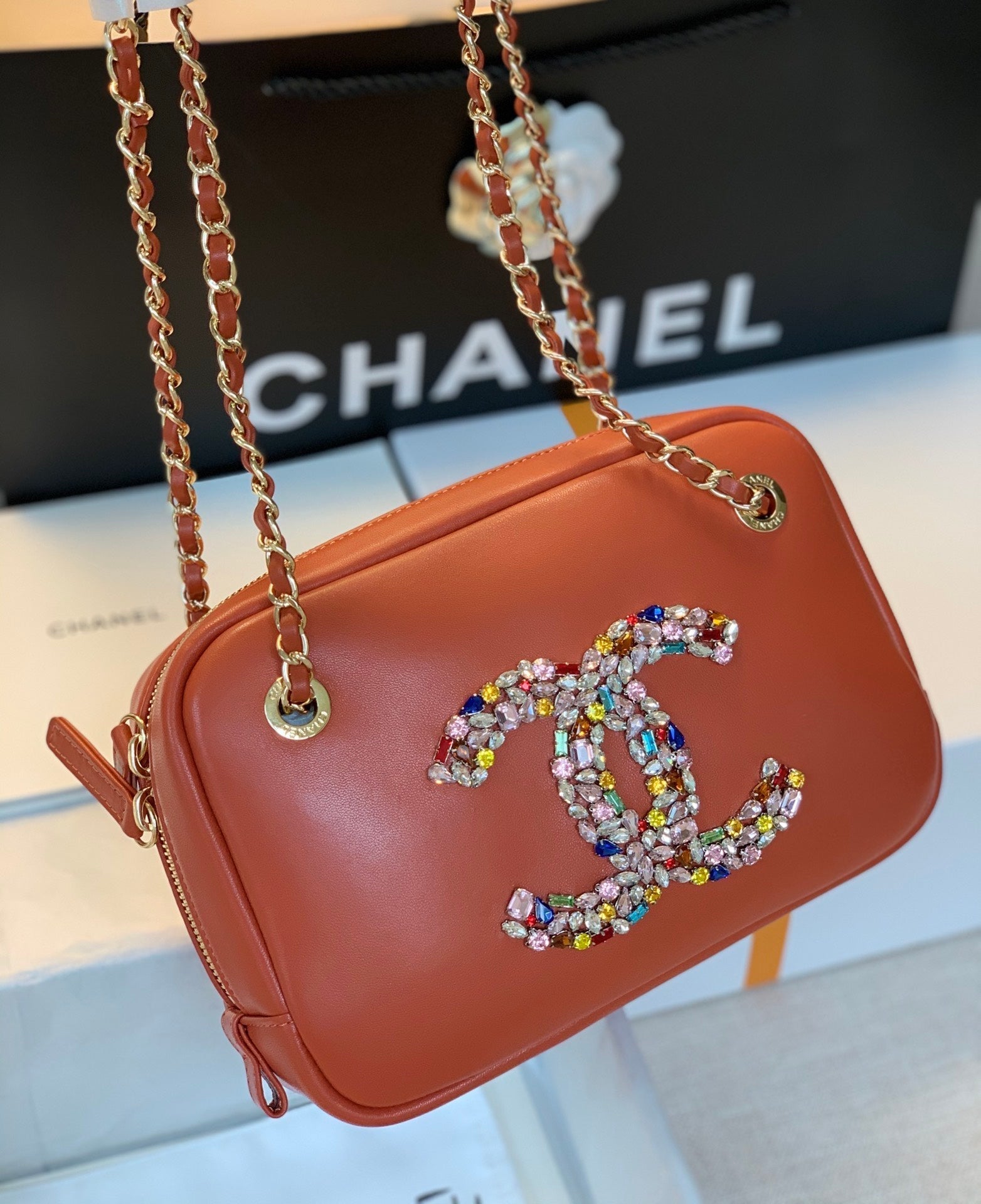 CHL -  Camera Cubic Diamonds Brown Bag For Women 12.5LO/4.9in