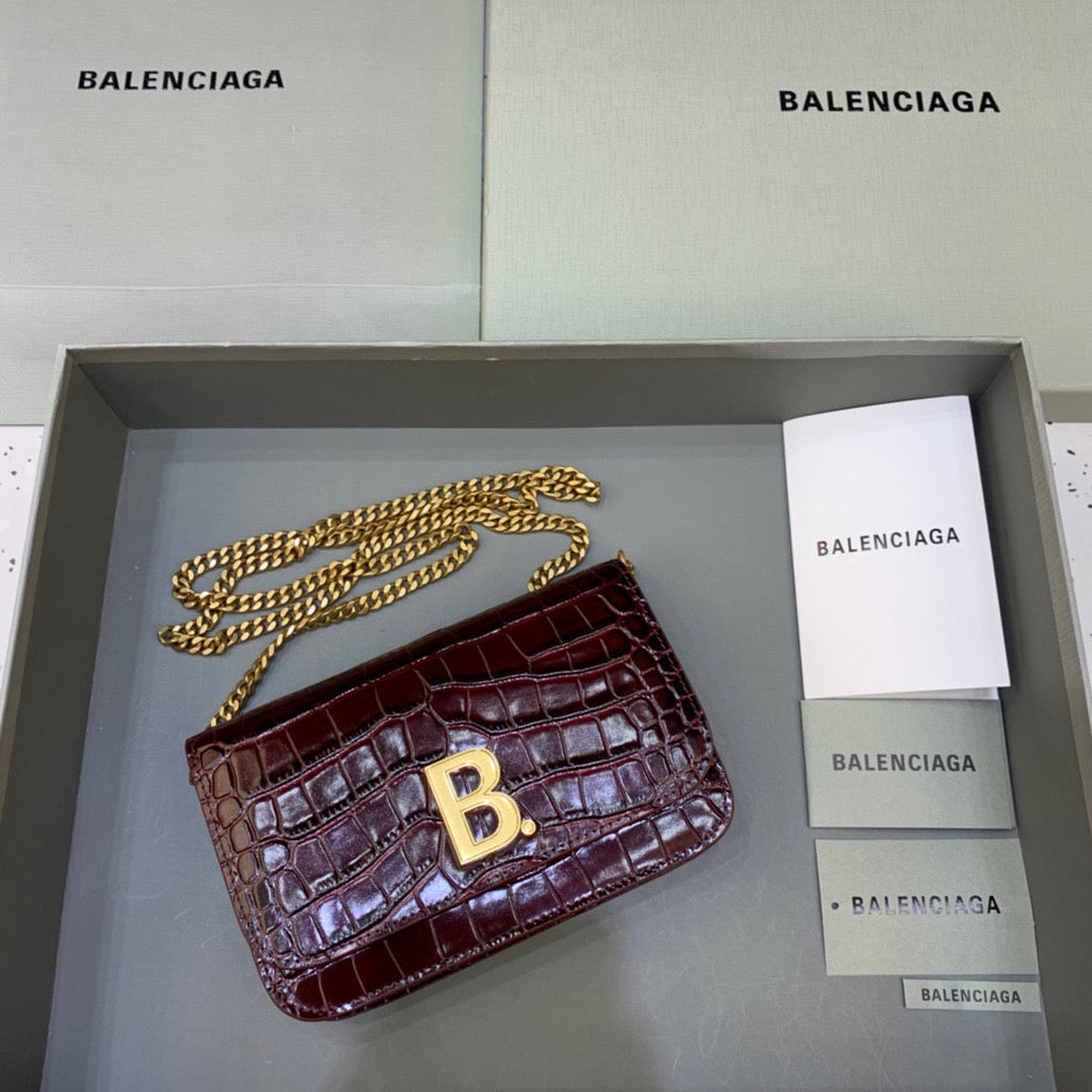 BLN-Ciaga Croc Embossed Patent B Bag With Chain In Dark Red, For Women,  Bags 7.9in/20LO