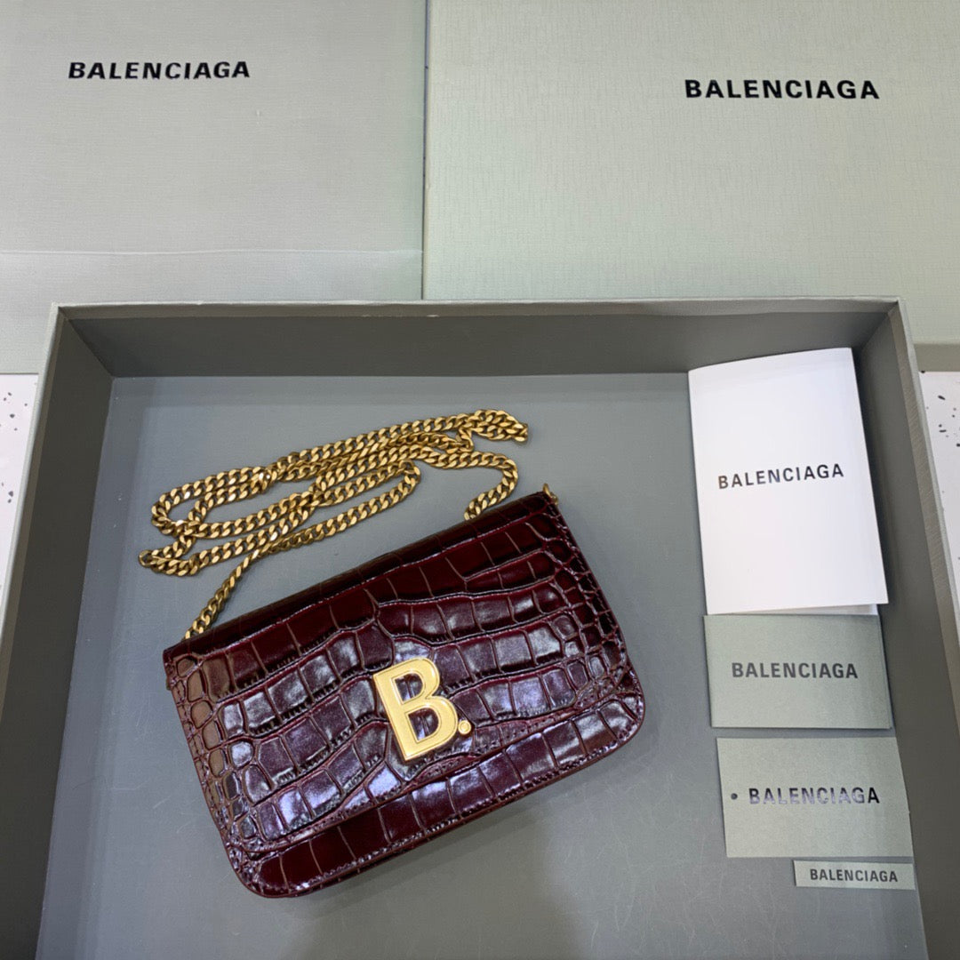 BLN-Ciaga Croc Embossed Patent B Bag With Chain In Dark Red, For Women,  Bags 7.9in/20LO