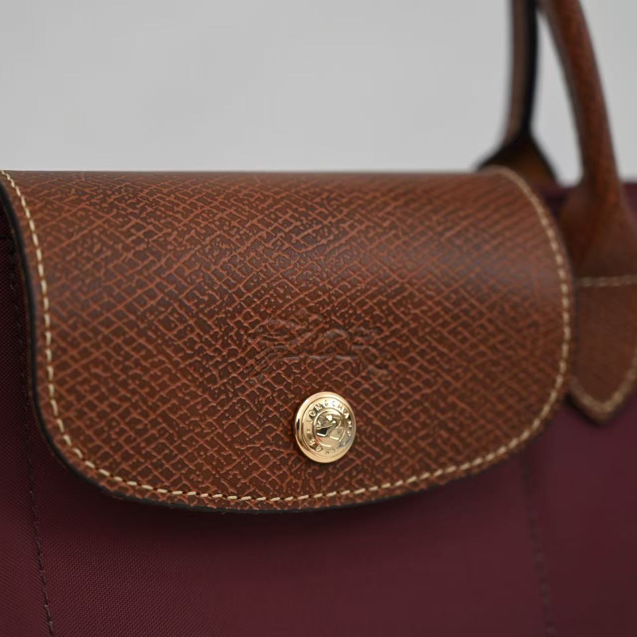 Longchamp Small Le Pliage Tote Bag Brown Burgundy Polyamide Leather