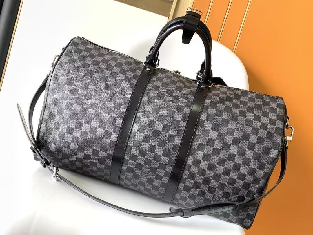 KEEPALL BANDOULIÈRE 45 IN BLACK DAMIER GRAPHITE CANVAS