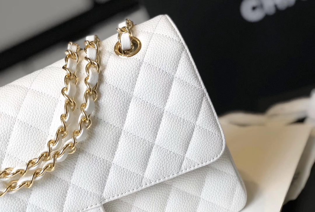 CHL -  Classic Medium Flapbag Golden Hardware White 10in/25.5LO
