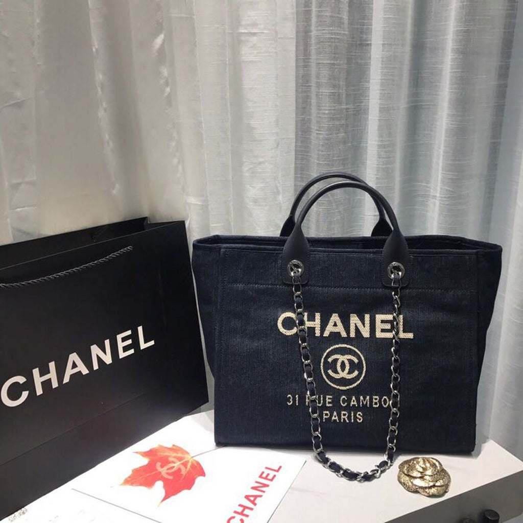 CHL -  Deauville Tote Canvas Bag Dark Blue Denim/White For Women 14.9in/38LO