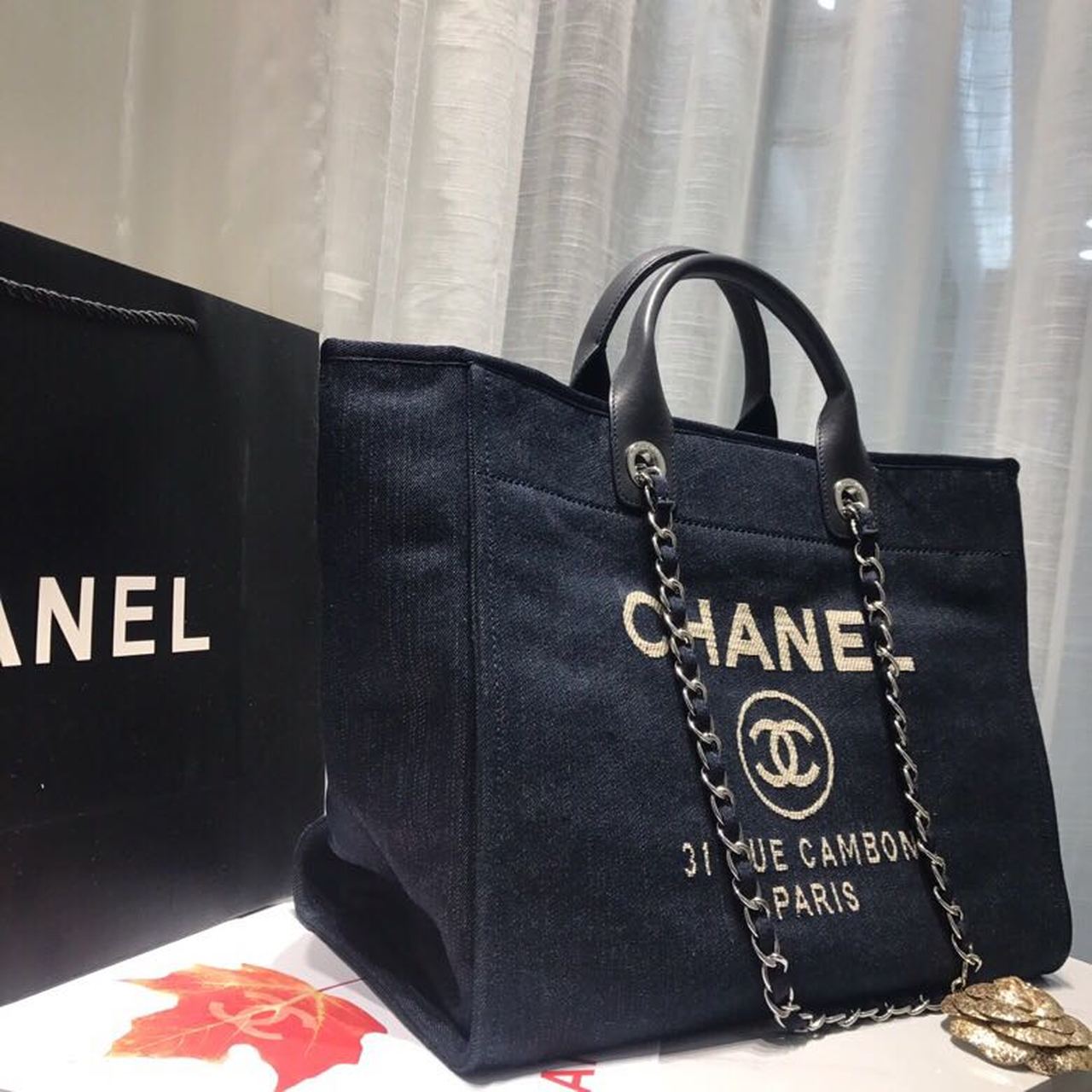 CHL -  Deauville Tote Canvas Bag Dark Blue Denim/White For Women 14.9in/38LO
