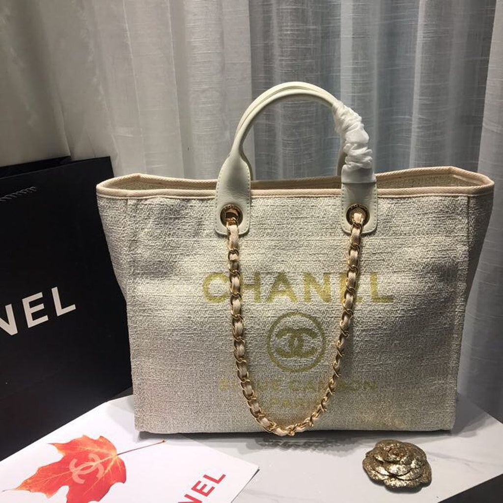 CHL -  Deauville Tote Tweed Canvas Bag Fall/Winter Collection, Beige/Cream/Gold/Multi For Women 15in/38LO