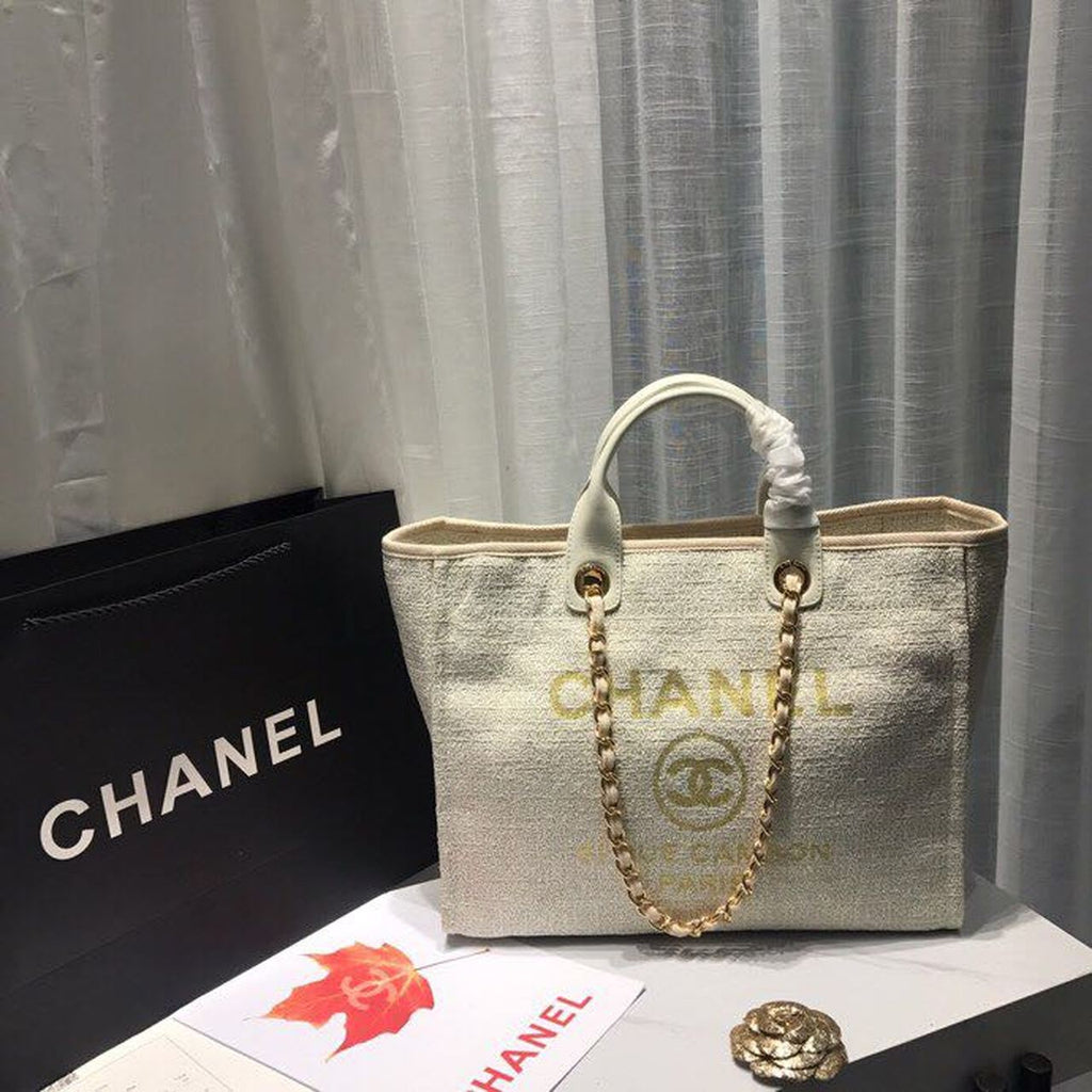 CHL -  Deauville Tote Tweed Canvas Bag Fall/Winter Collection, Beige/Cream/Gold/Multi For Women 15in/38LO