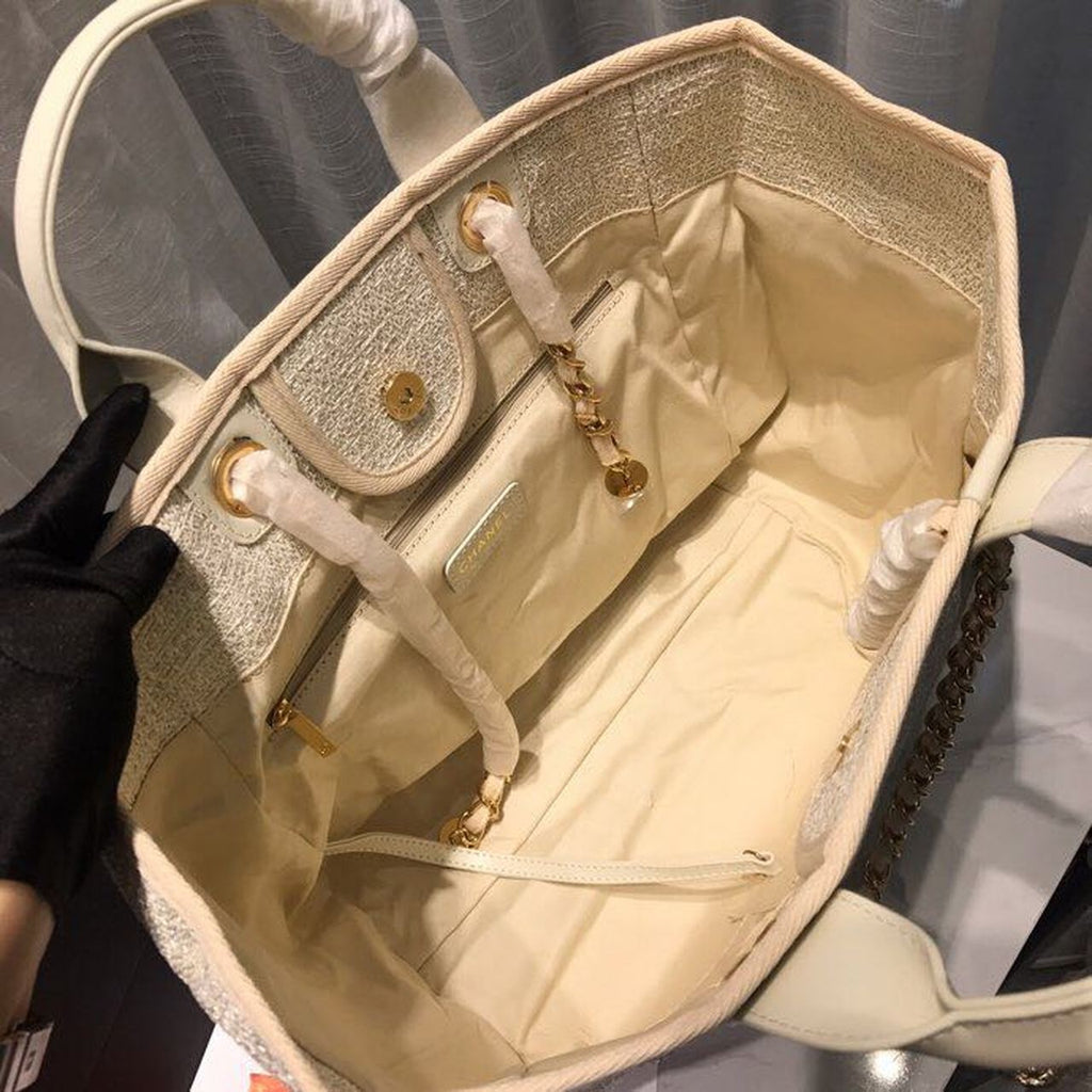 CHL -  Deauville Tote Tweed Canvas Bag Fall/Winter Collection, Beige/Cream/Gold/Multi For Women 15in/38LO