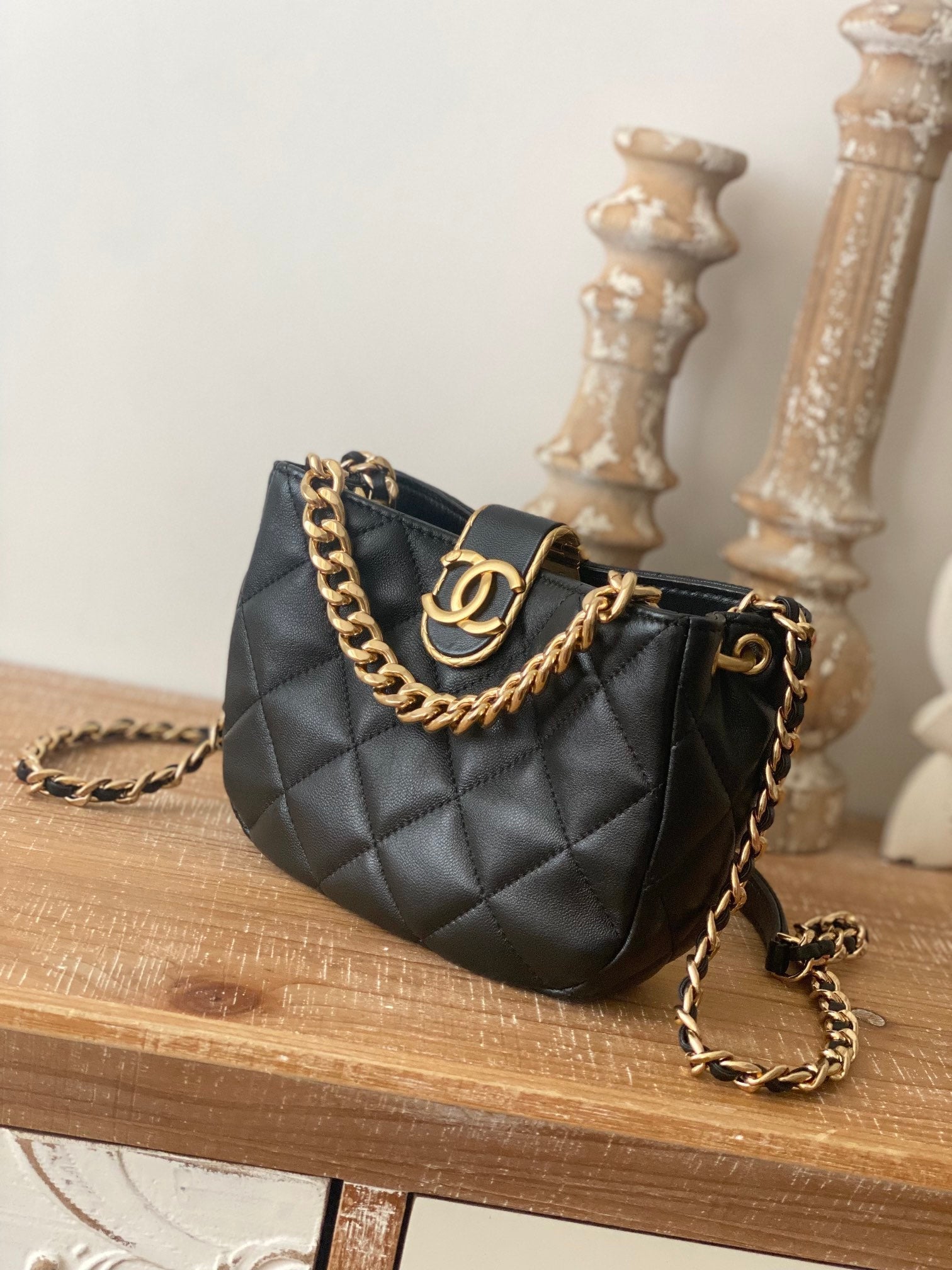 CHL - Small Hobo Bag Gold Hardware Black For Women Handbags, Shoulder Bags 7.5in/19LO