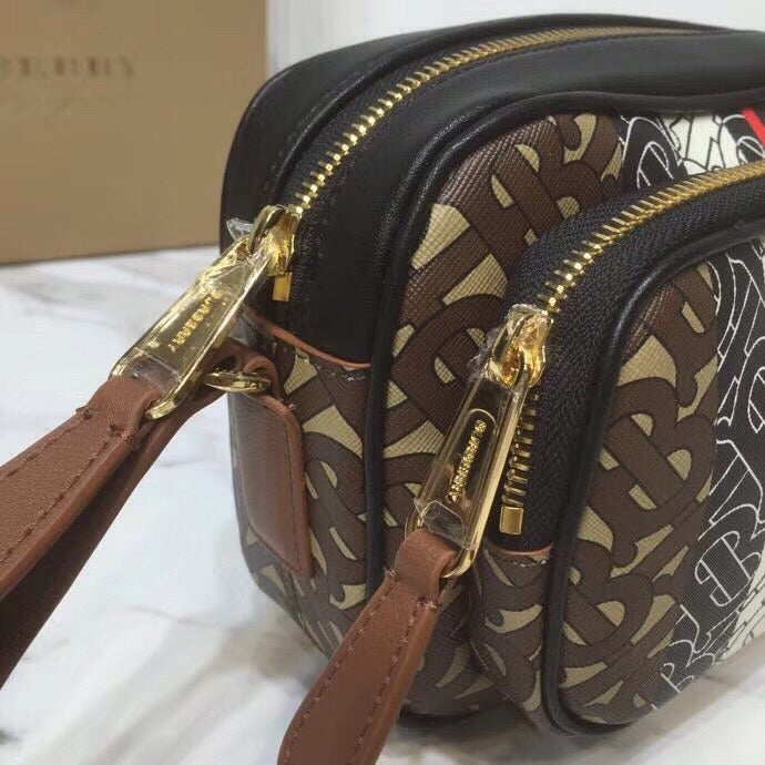 B-Berry - BB  Monogram Stripe E-Canvas Camera Bag Bridle Brown For Women, Bags 19.5LO/7.7LO