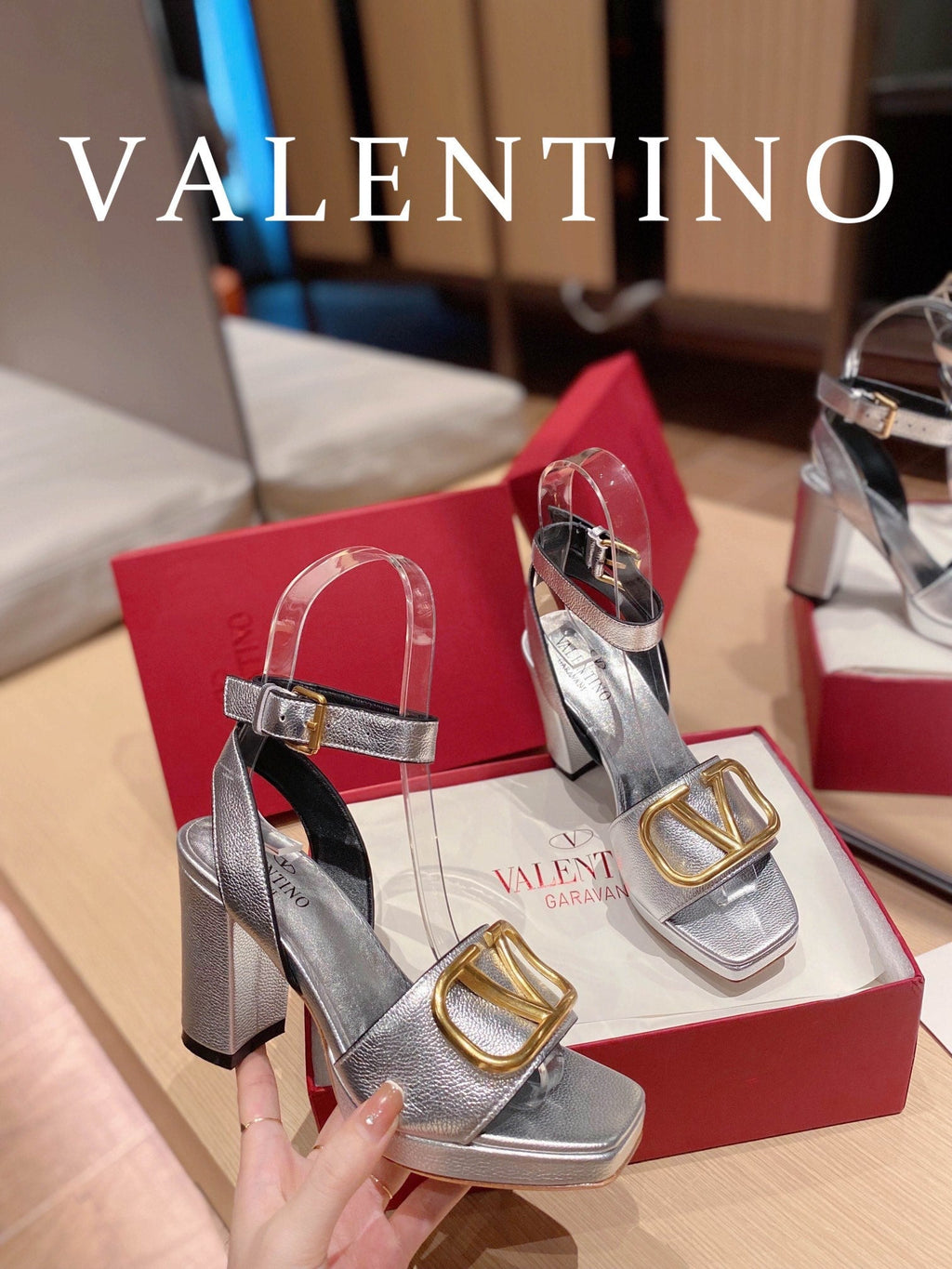 VAL -  Garavani Strap Heeled Sandals With V Logo Signature Embellishment SilLusso Official - For Women