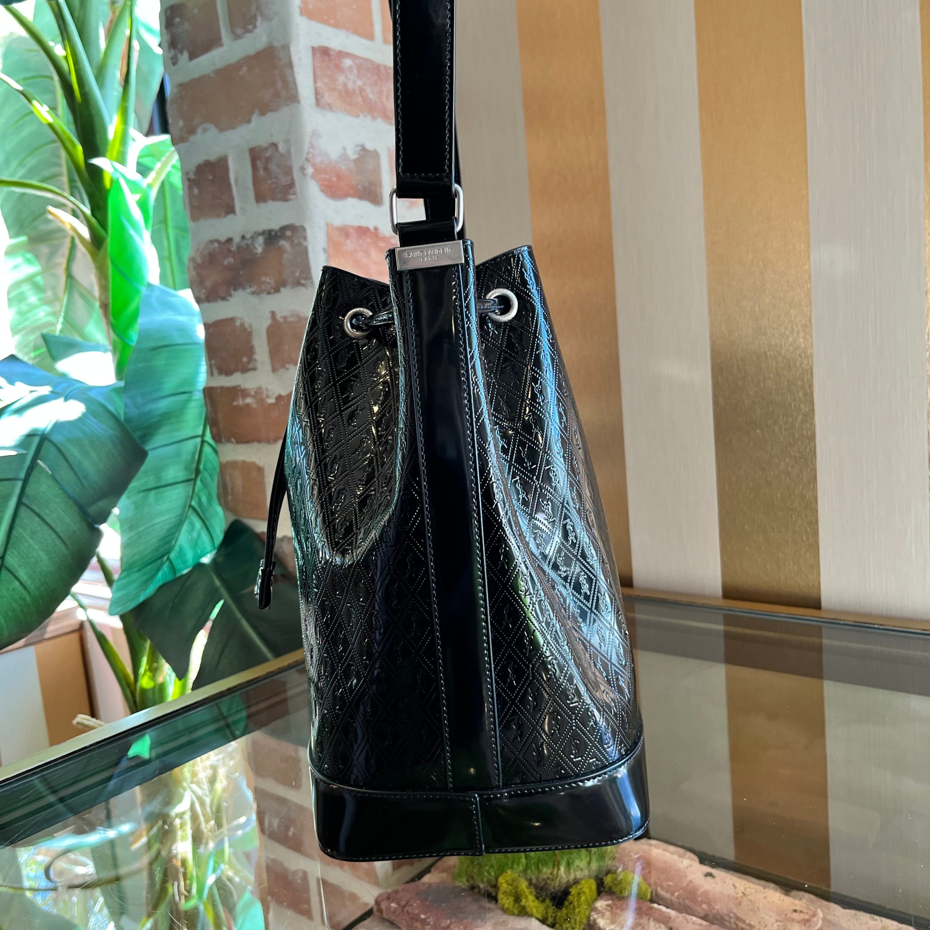 SANT LAURENT Spazzolato Le Monogram Drawstring Bucket Bag