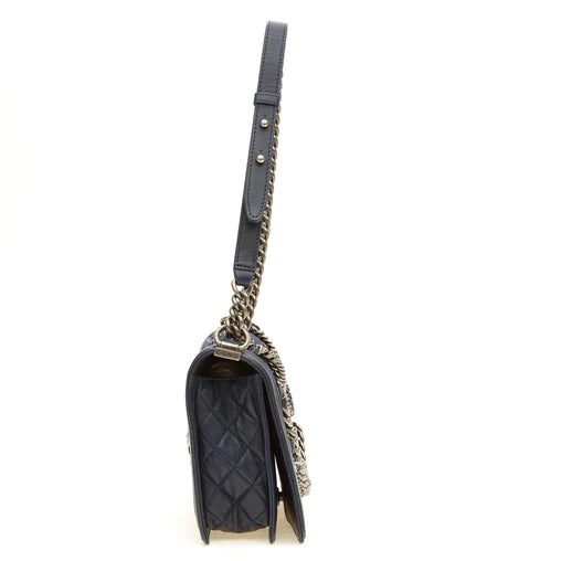 CHL -  NAVY BOUCLE TWEED DECHAINED CHAIN BOY FLAP BAG