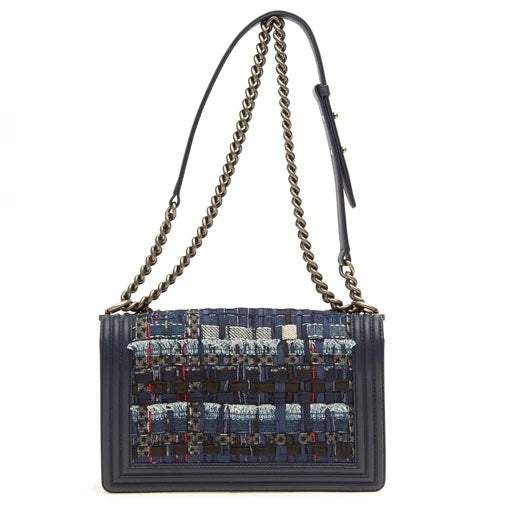 CHL -  NAVY BOUCLE TWEED DECHAINED CHAIN BOY FLAP BAG